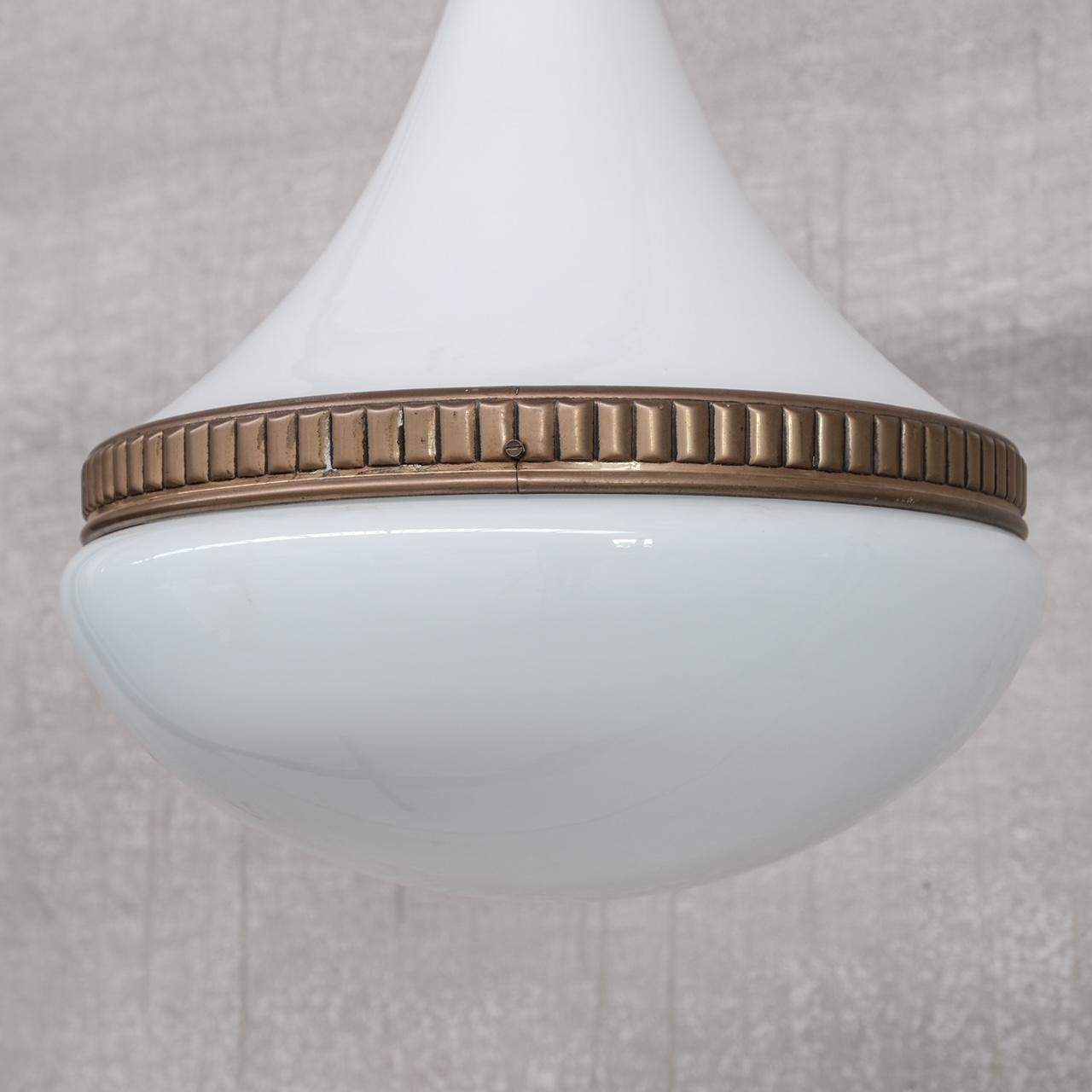 Large Mid-Century Opaline and Brass Pendant Light For Sale 4