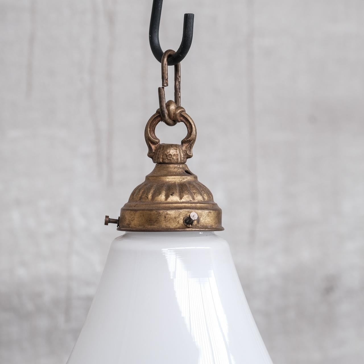 Glass Large Mid-Century Opaline and Brass Pendant Light For Sale