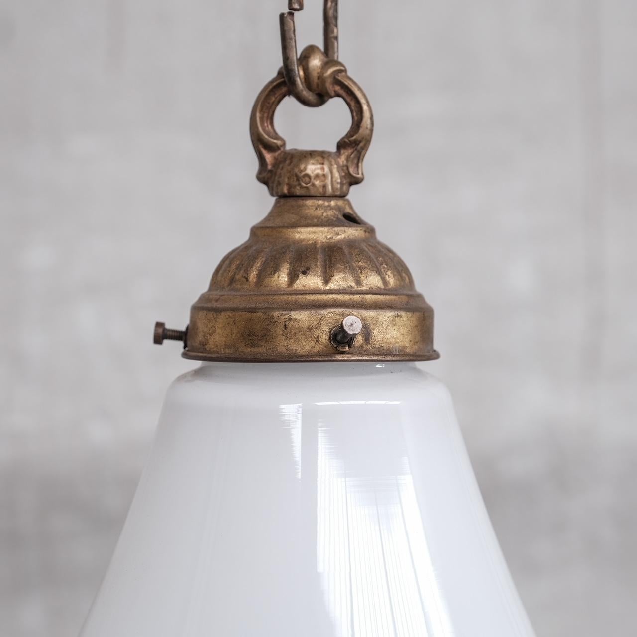 Large Mid-Century Opaline and Brass Pendant Light For Sale 1