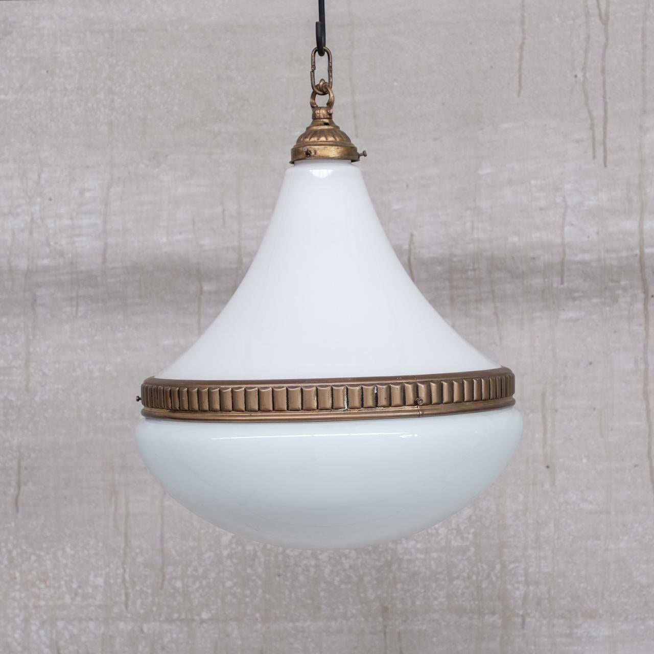Large Mid-Century Opaline and Brass Pendant Light For Sale 3