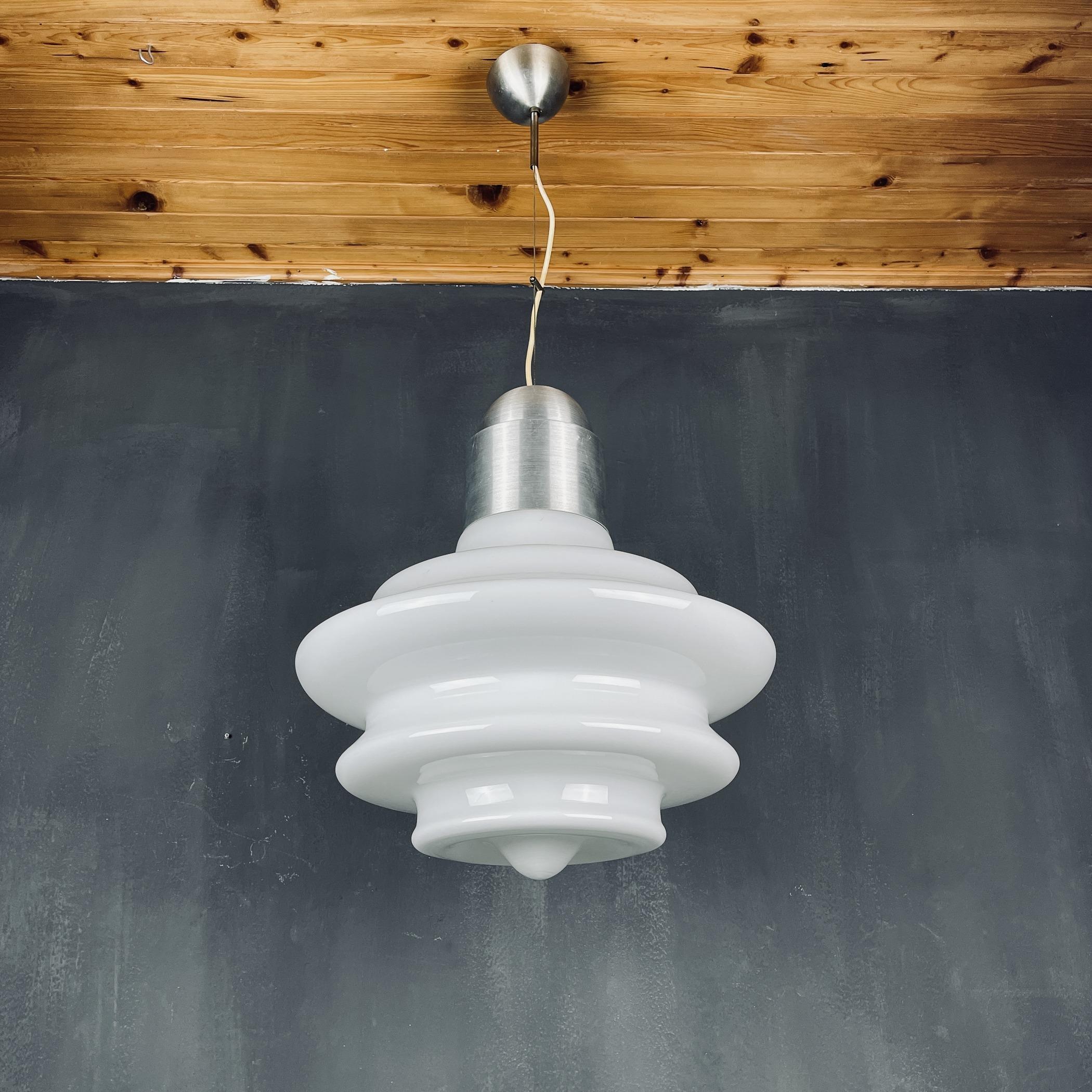 Italian Large mid-century opaline white glass hanging lamp Italy 1960s For Sale