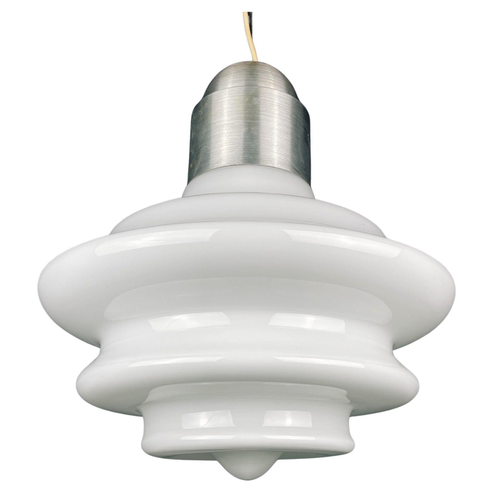 Large mid-century opaline white glass hanging lamp Italy 1960s For Sale