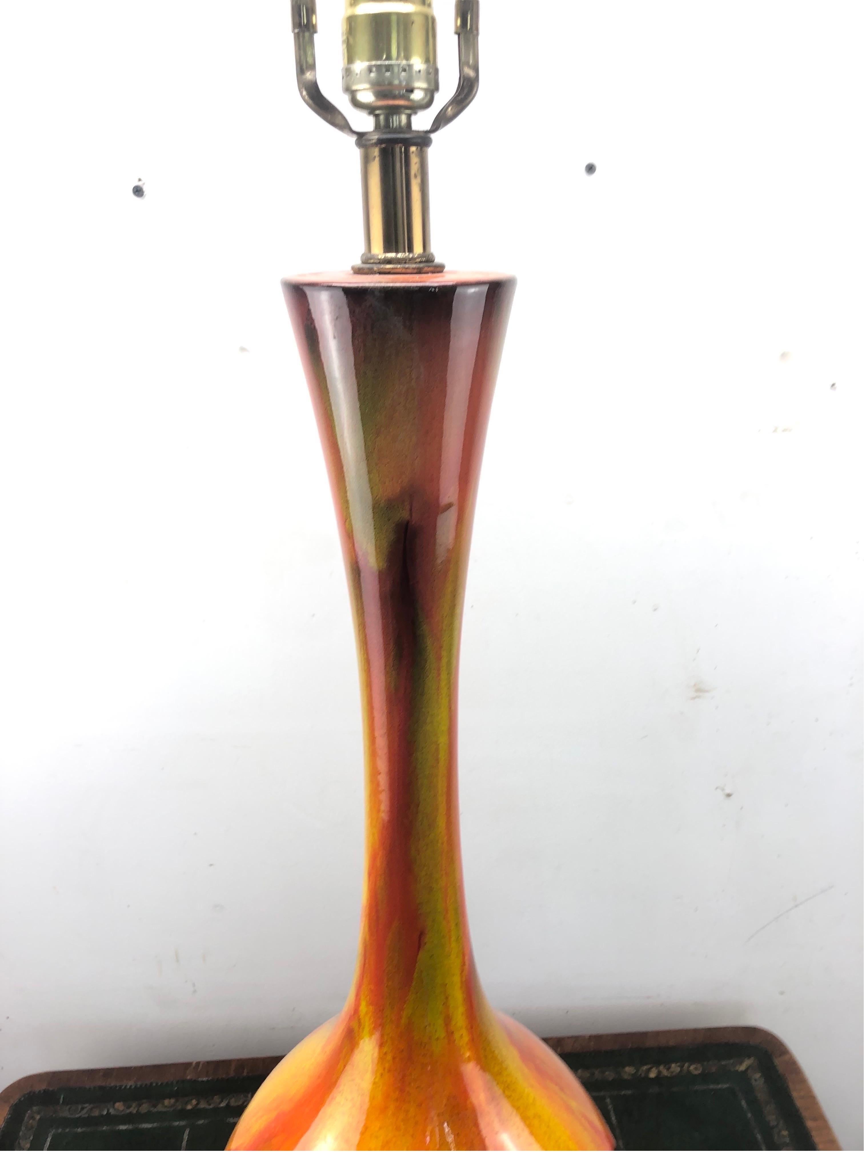 American Large Mid Century Orange Drip Glaze Lamp For Sale