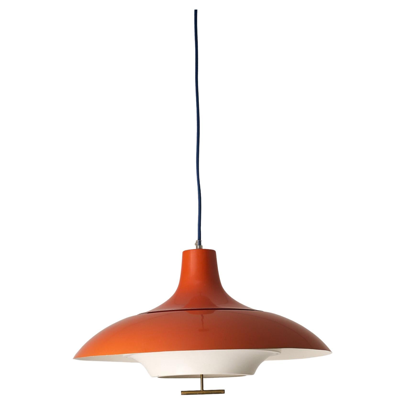 Large Mid-Century Orange Metal Pendant with White Diffuser and Brass Detail