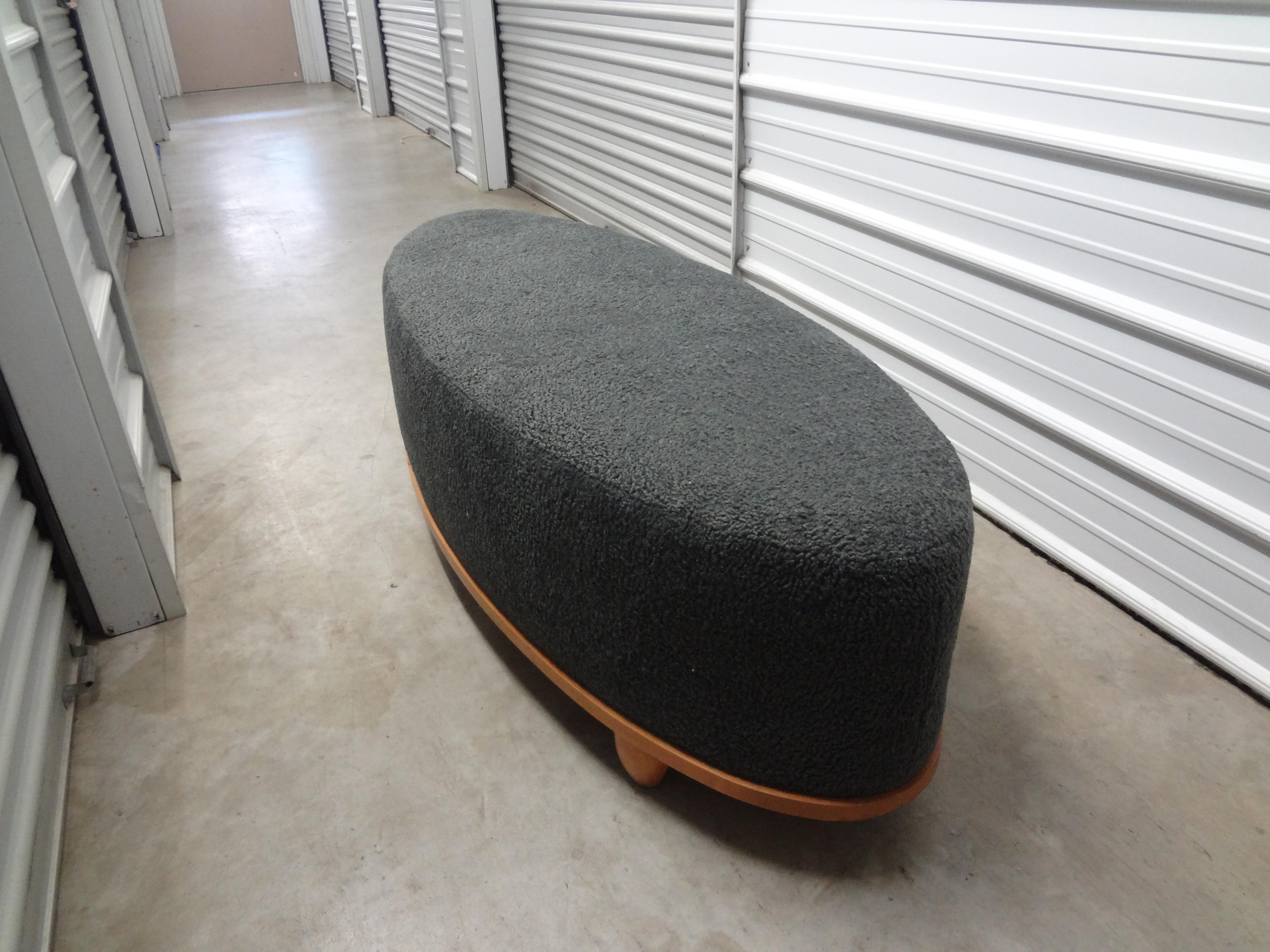 Large Mid-Century Oval Bench Upholstered in Grey Shearling 4