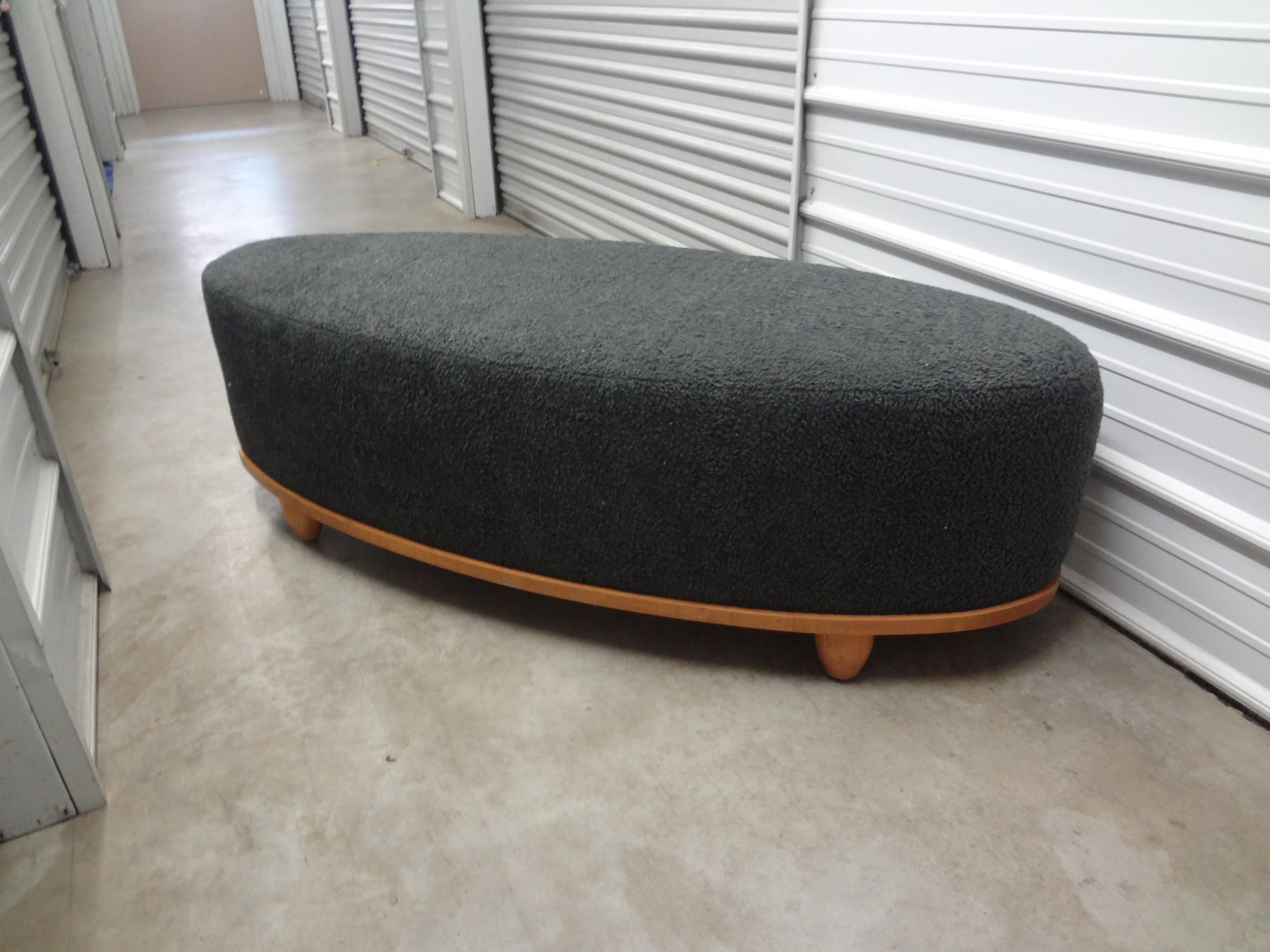 Large Mid-Century Oval Bench Upholstered in Grey Shearling 5