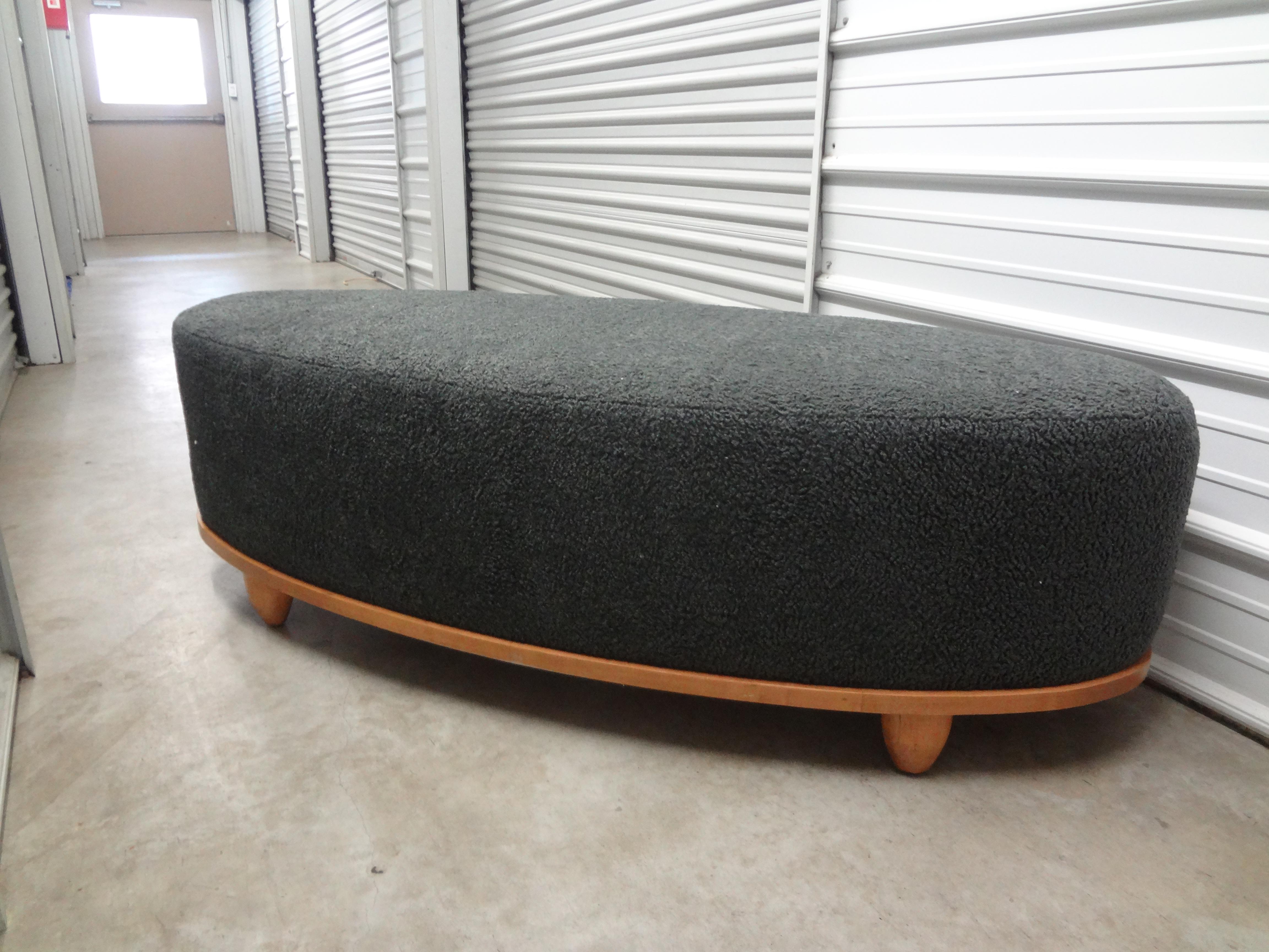 Large Mid-Century Oval Bench Upholstered in Grey Shearling 6