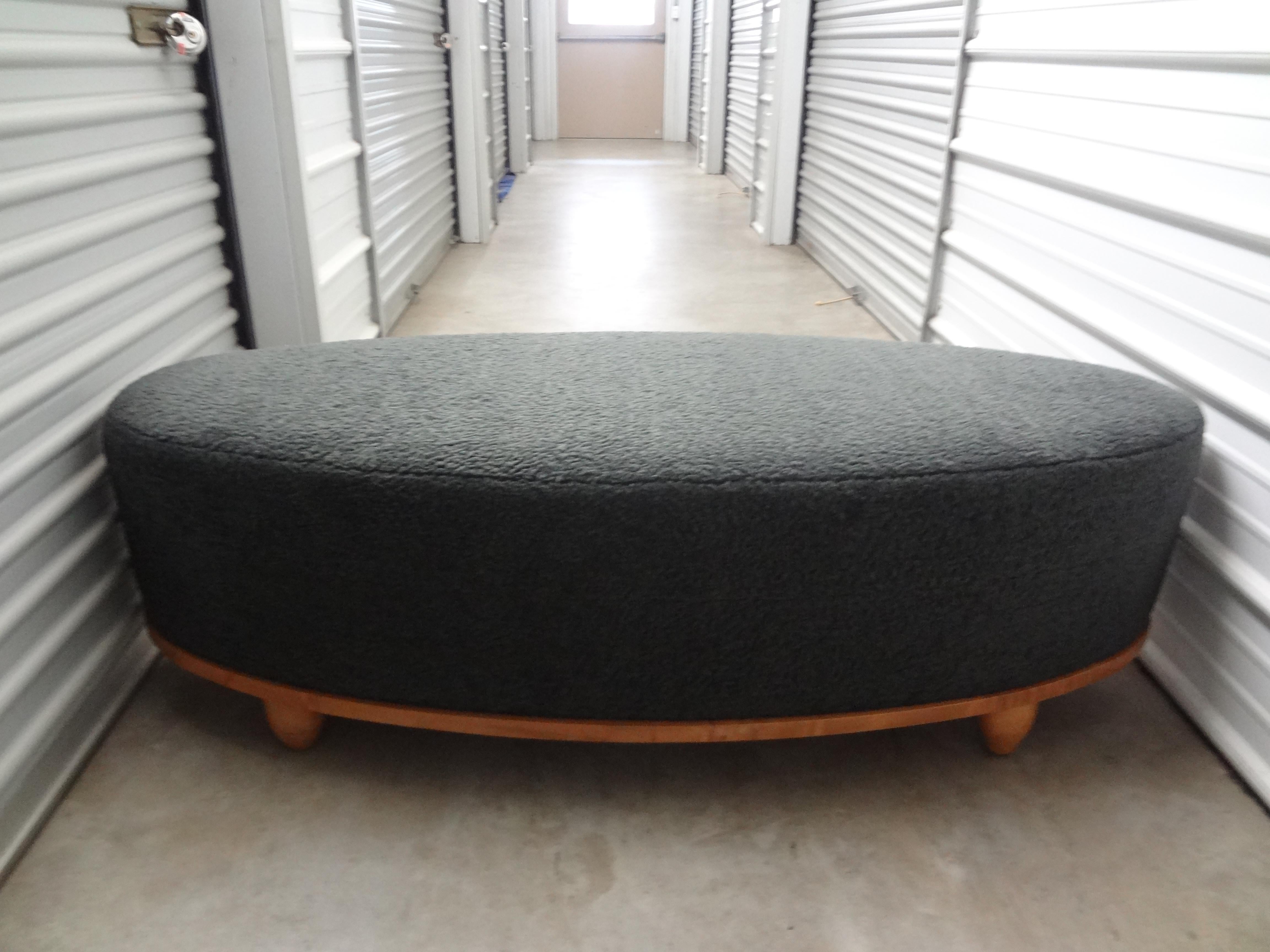 Large Mid-Century Oval Bench Upholstered in Grey Shearling 7