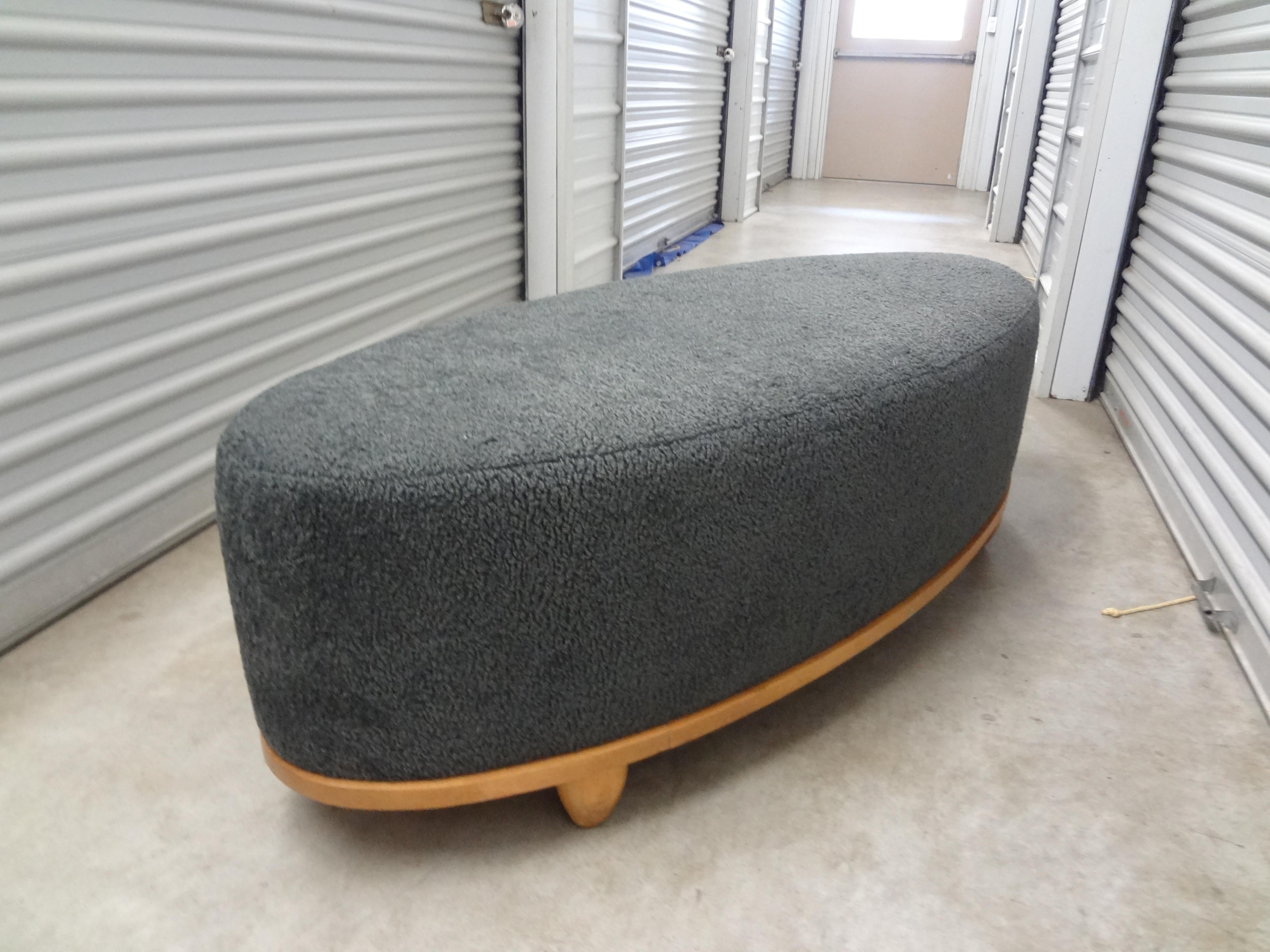 Hollywood Regency Large Mid-Century Oval Bench Upholstered in Grey Shearling
