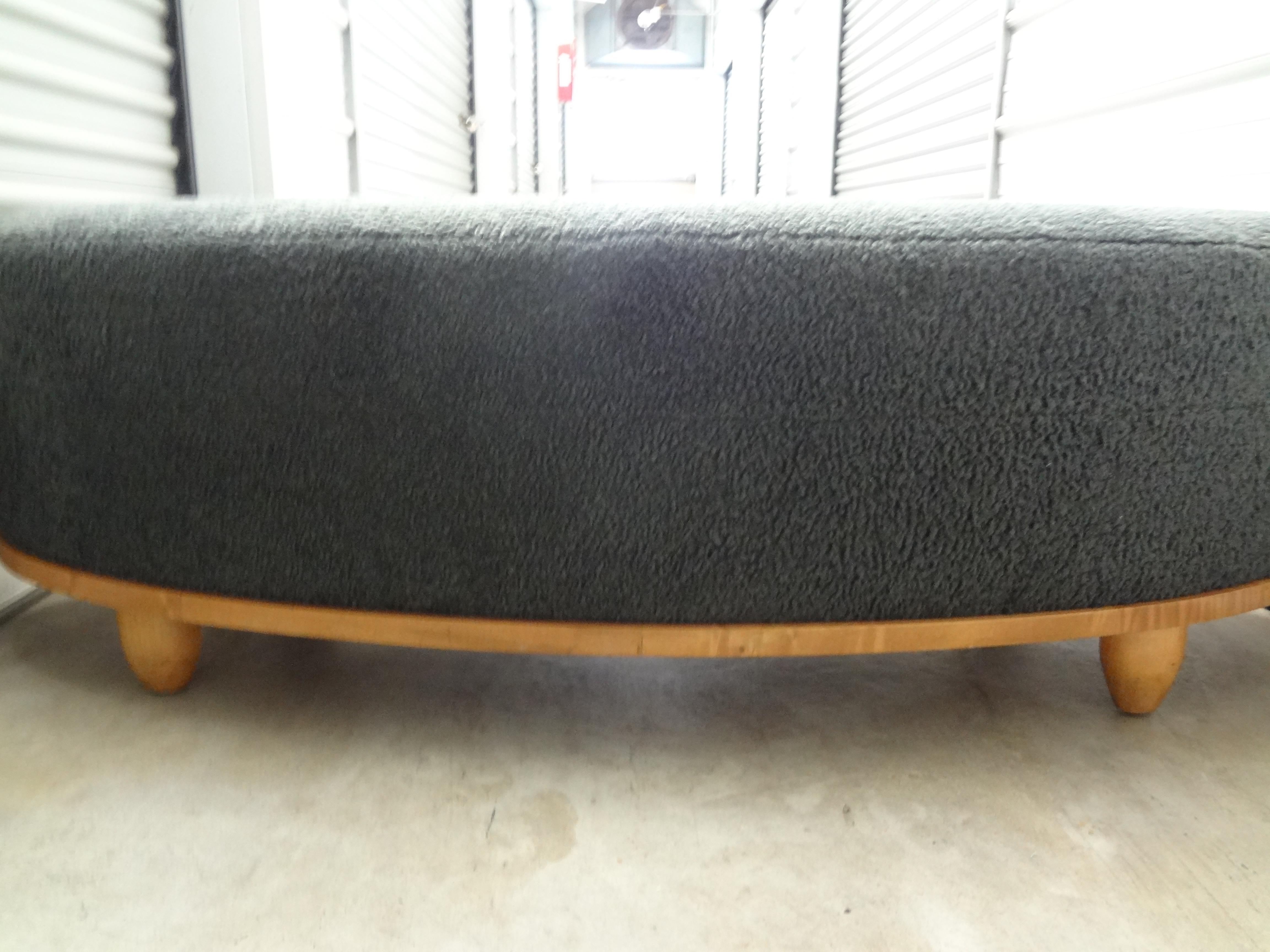 Wood Large Mid-Century Oval Bench Upholstered in Grey Shearling