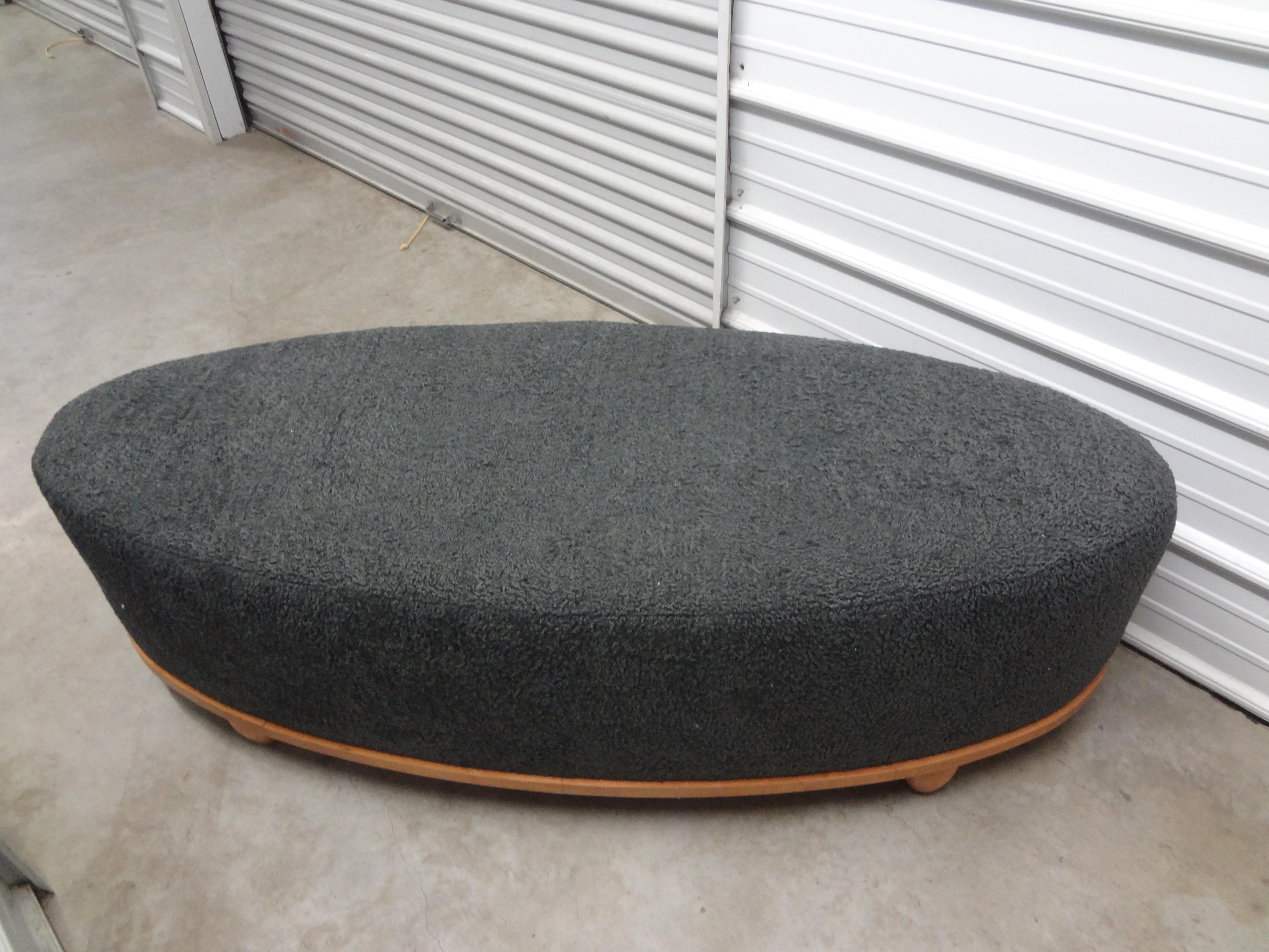 Large Mid-Century Oval Bench Upholstered in Grey Shearling 1