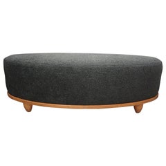 Large Mid-Century Oval Bench Upholstered in Gray Shearling