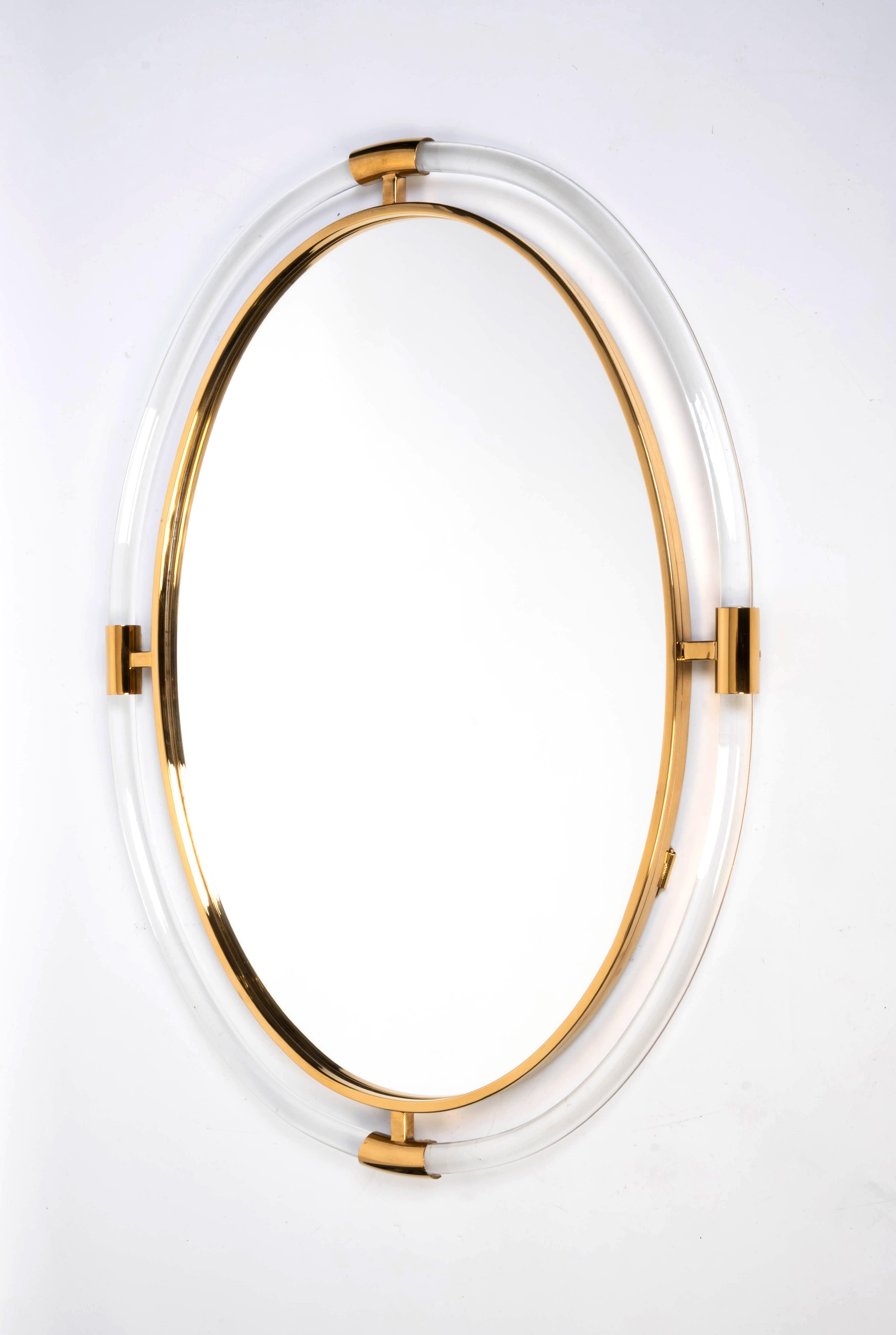 Large Mid Century Oval Lucite And Brass Mirror For Sale 1