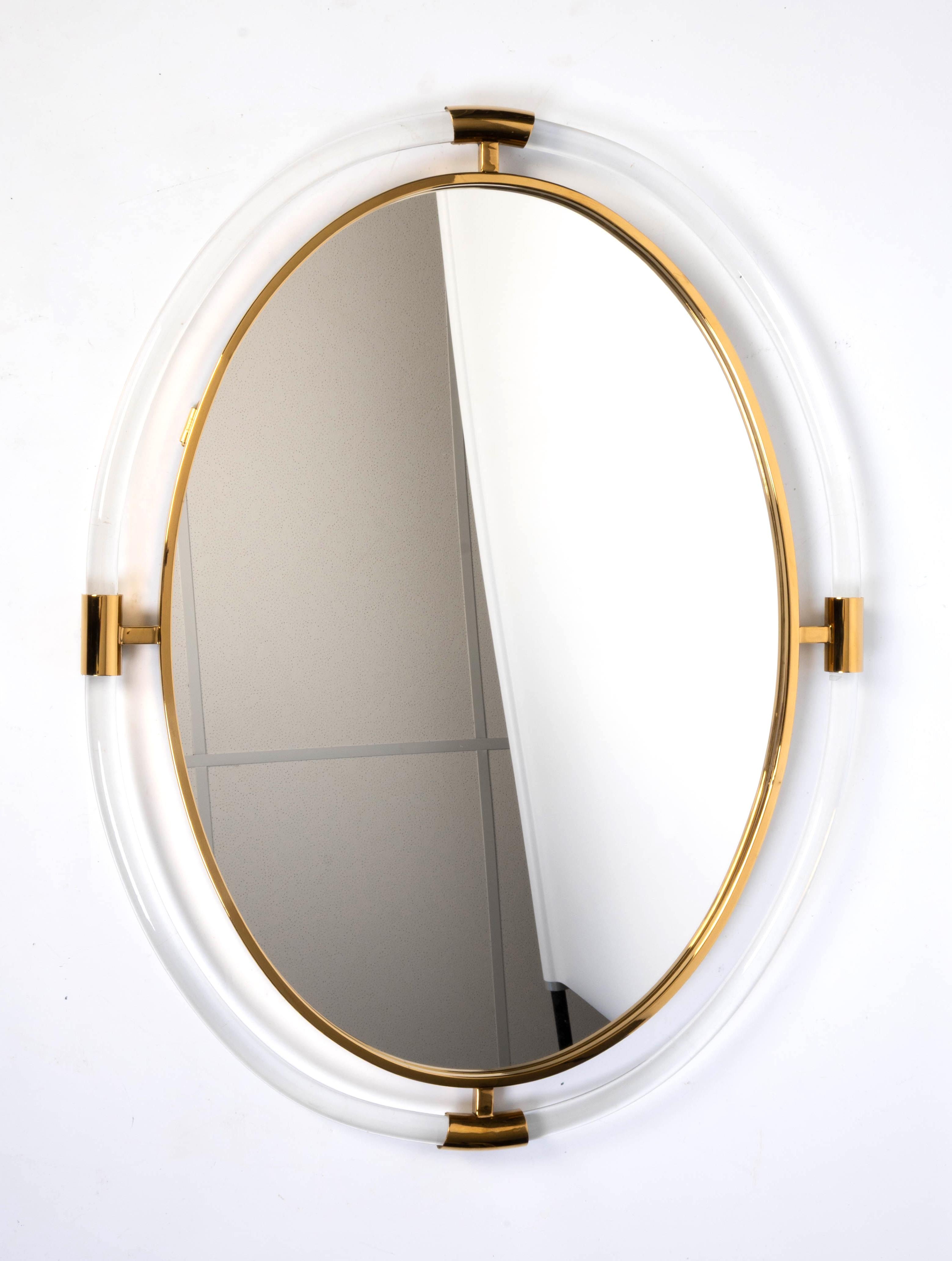Large Mid Century Oval Lucite And Brass Mirror For Sale 2