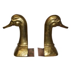 Vintage Large Midcentury Oversize Gold Brass Duck Bookends a Pair, Made in Spain