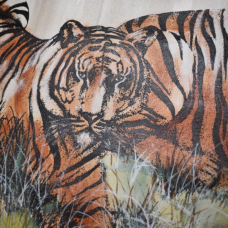 Grande peinture à l'huile sur toile du milieu du siècle:: représentant des tigres:: réalisée par Peter Colby Bon état - En vente à Oklahoma City, OK