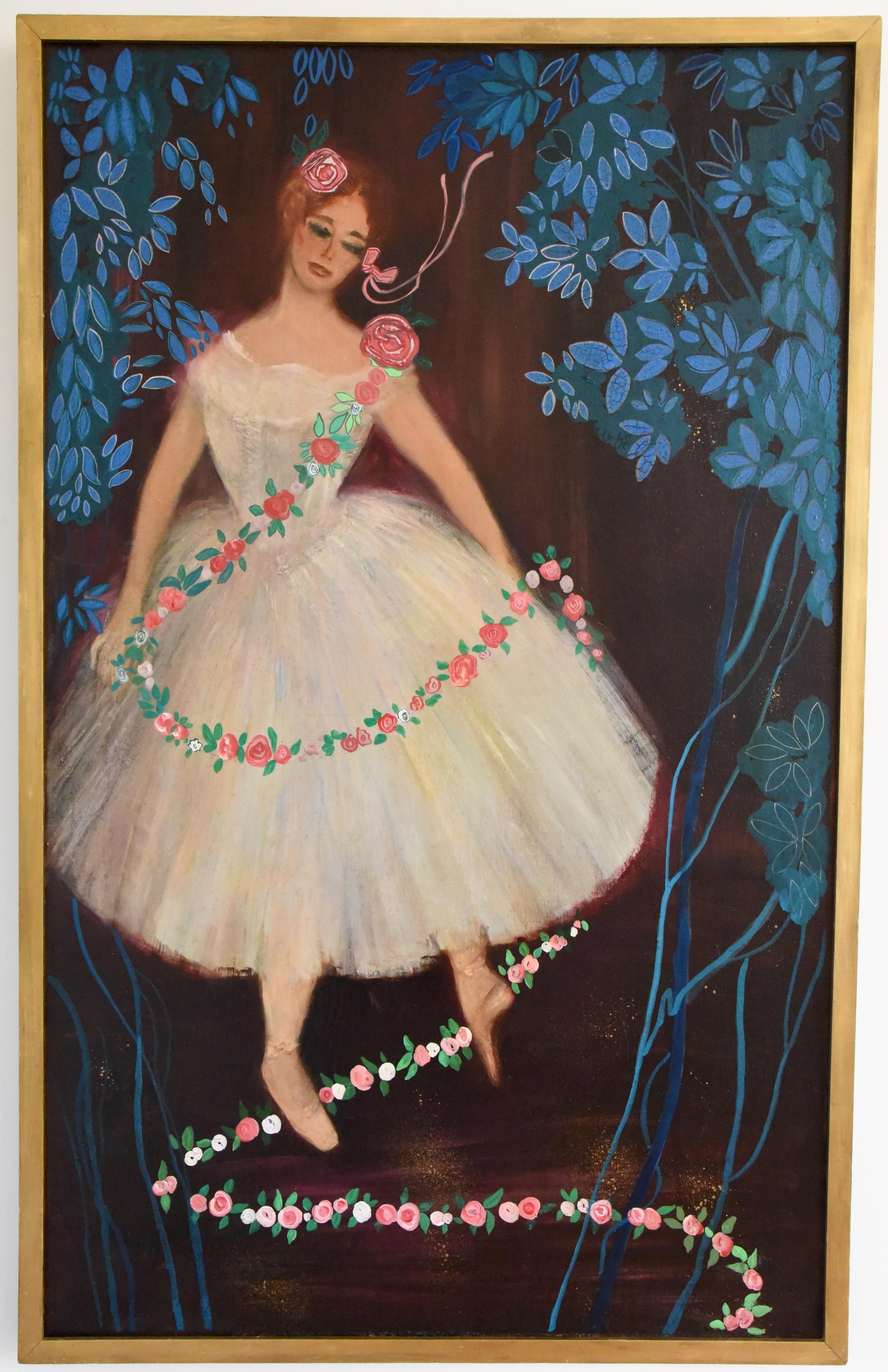 Large colorful midcentury oil painting of the ballerina Claude Bessy, France, 1956.
She is wearing a white tutu and garland of roses. The stage is decorated with turquoise flowers and leaves.
circa 1956-1960. Original wooden frame. 

Mlle. Bessy