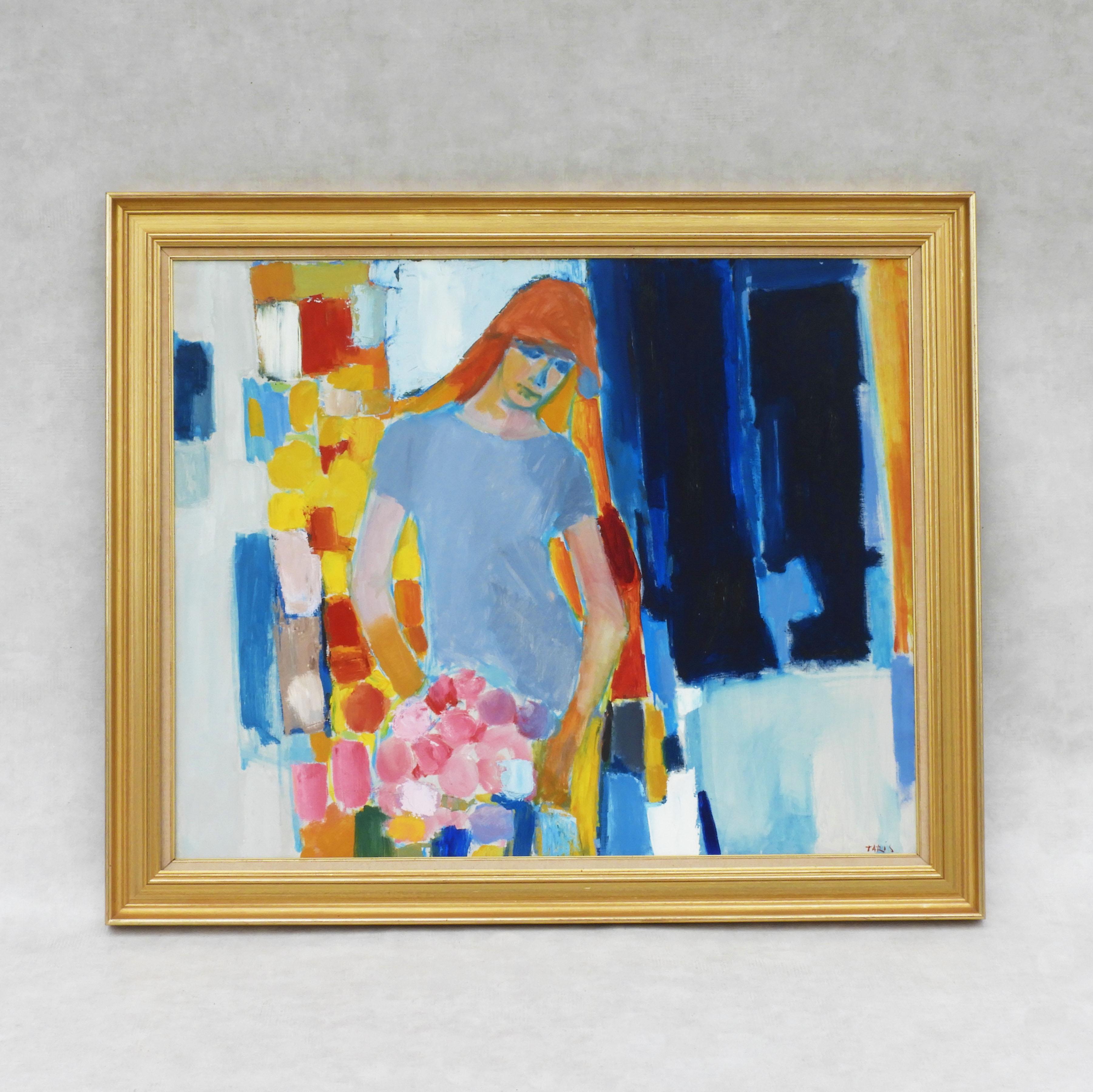 Großes Gemälde aus der Mitte des Jahrhunderts Porträt einer jungen Frau c1960 Acryl auf Leinwand.

Als Vorbild gilt die ikonische französische Sängerin und Songschreiberin Françoise Hardy, Zeitgenossin von Serge Gainsborough und Muse von Yves