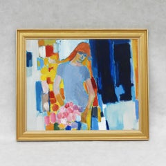 Large Mid Century Painting Portrait of a Young Woman c1960 Acrylic on Canvas