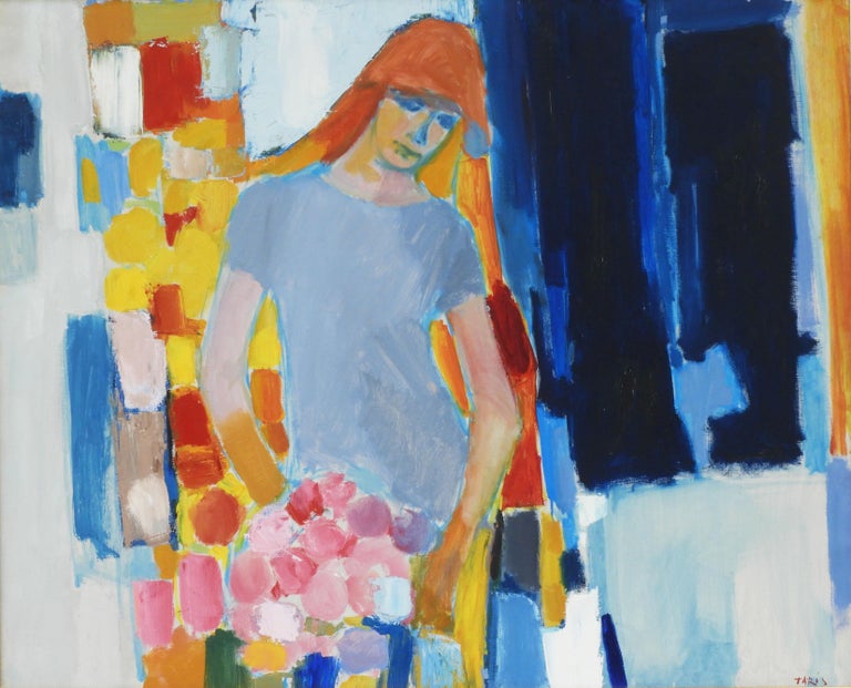 European Large Mid Century Painting Portrait of a Young Woman c1960 Acrylic on Canvas For Sale