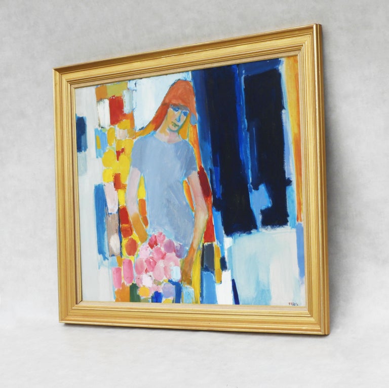 Mid-20th Century Large Mid Century Painting Portrait of a Young Woman c1960 Acrylic on Canvas For Sale