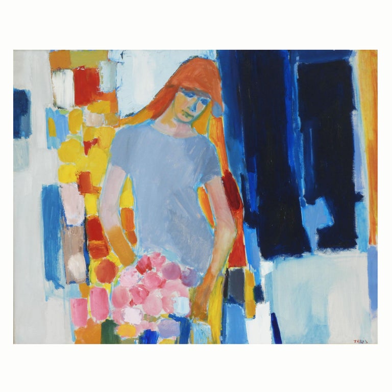 Large Mid Century Painting Portrait of a Young Woman c1960 Acrylic on Canvas For Sale 1