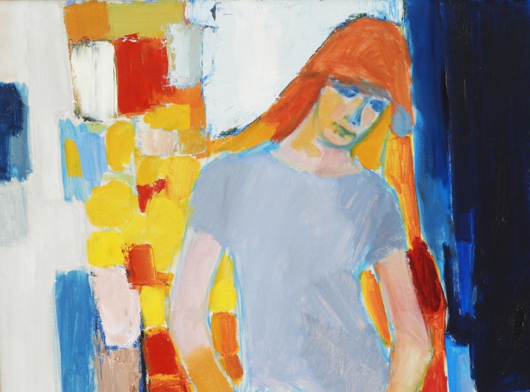 Large Mid Century Painting Portrait of a Young Woman c1960 Acrylic on Canvas For Sale 2