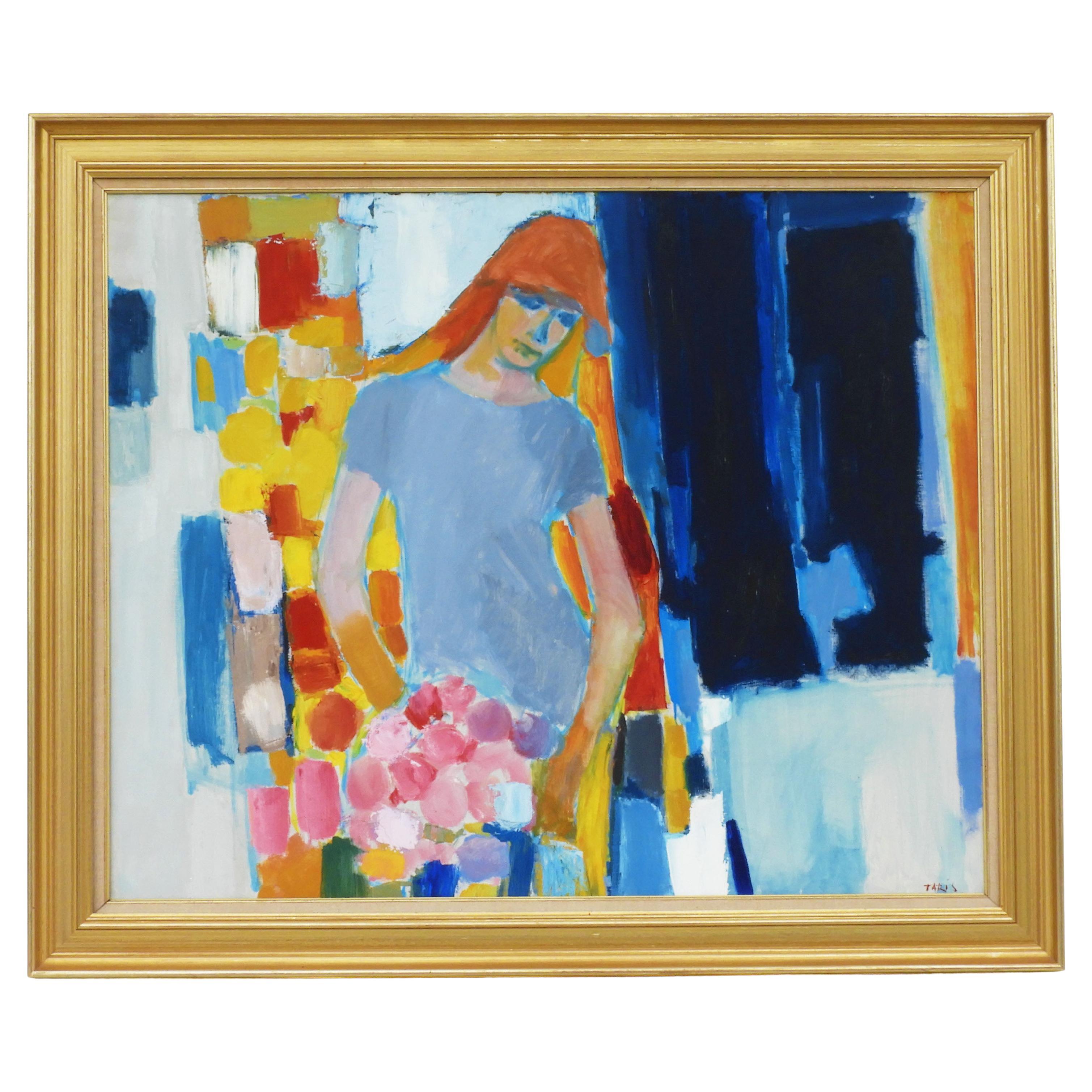 Grand portrait d'une jeune femme, peinture du milieu du siècle dernier, acrylique sur toile, circa 1960