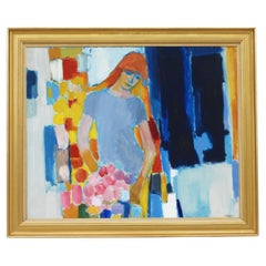 Large Mid Century Painting Portrait of a Young Woman c1960 Acrylic on Canvas