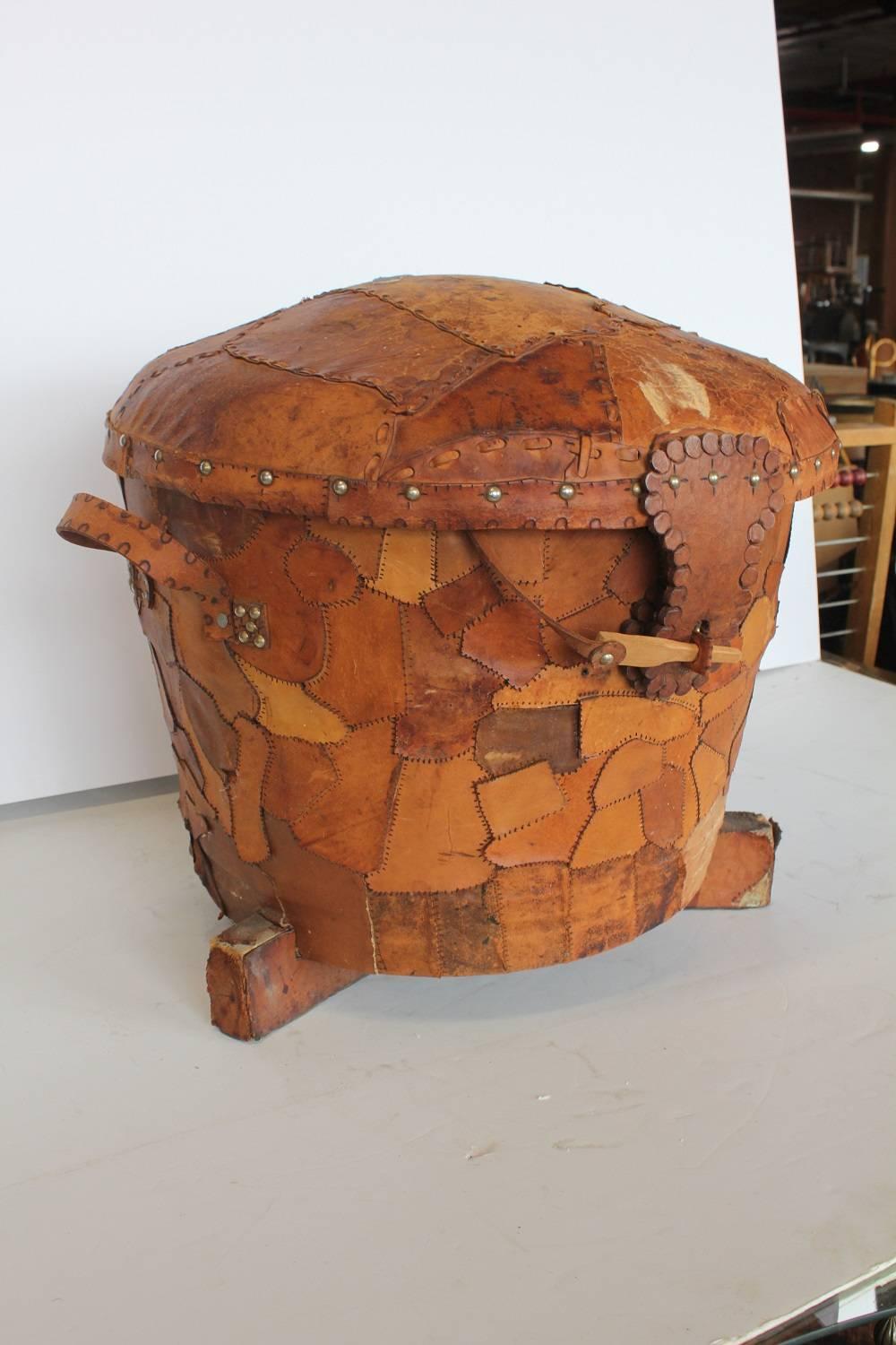 Large midcentury patchwork leather basket or pouf. Original condition.