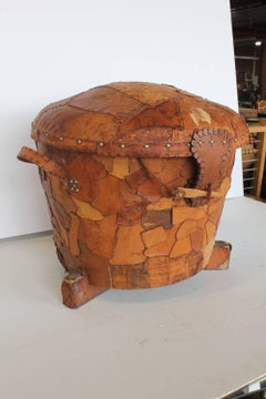 Large Midcentury Patchwork Leather Basket/Pouf