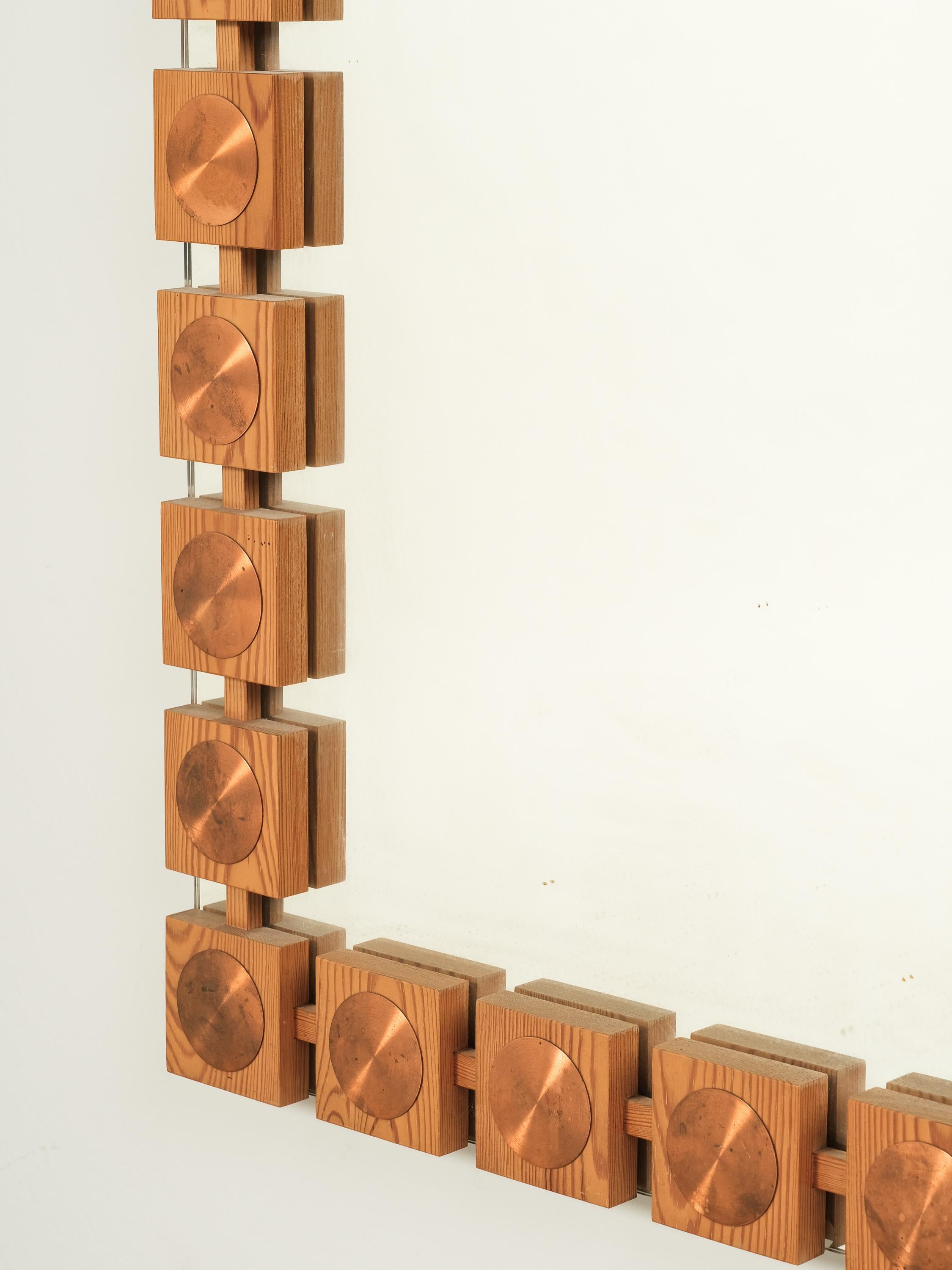 Scandinavian Modern Large Mid-Century Pine & Copper Wall Mirror, Glas & Trä Hovmantorp, Sweden For Sale