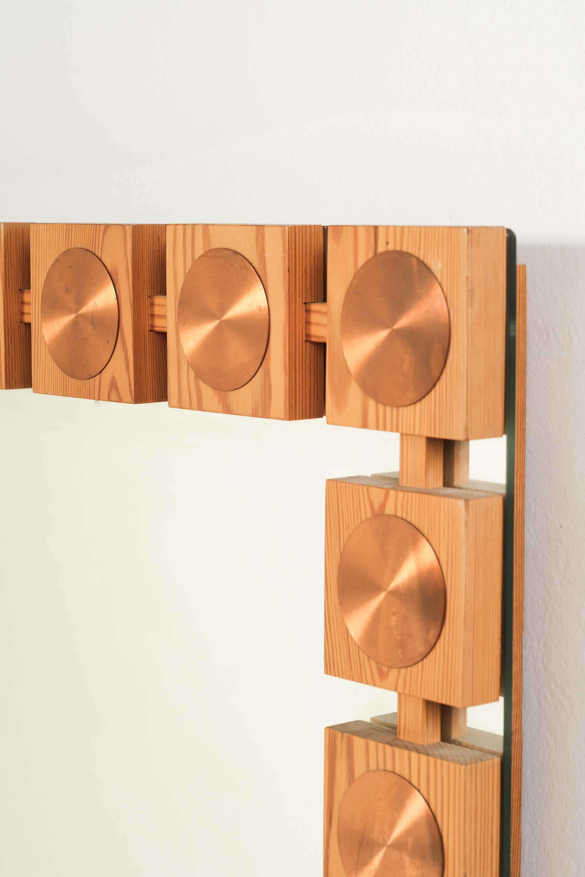 Swedish Large Mid-Century Pine & Copper Wall Mirror, Glas & Trä Hovmantorp, Sweden For Sale
