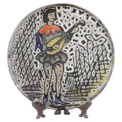 Large mid-century plate by French ceramist Huguette Bessone, Vallauris, 60's