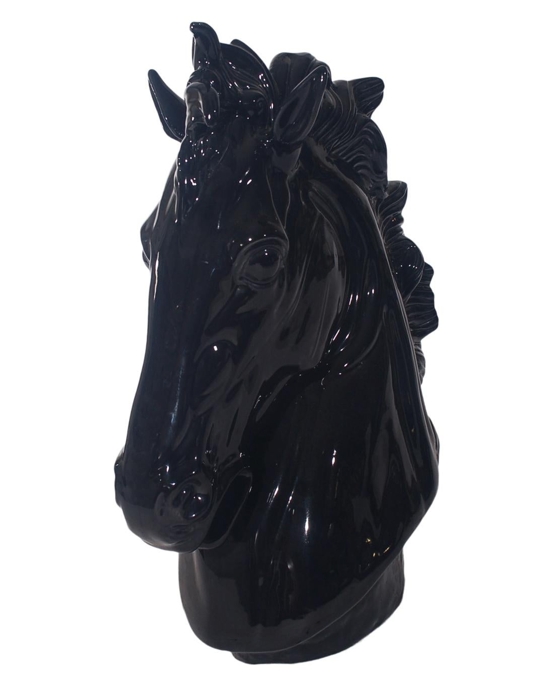 Post-Modern Large Midcentury Postmodern Black Ceramic Horse Head Pottery Sculpture