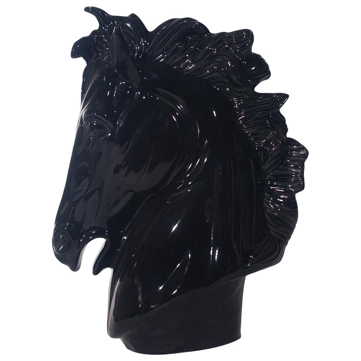 Large Midcentury Postmodern Black Ceramic Horse Head Pottery Sculpture