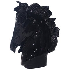 Large Midcentury Postmodern Black Ceramic Horse Head Pottery Sculpture