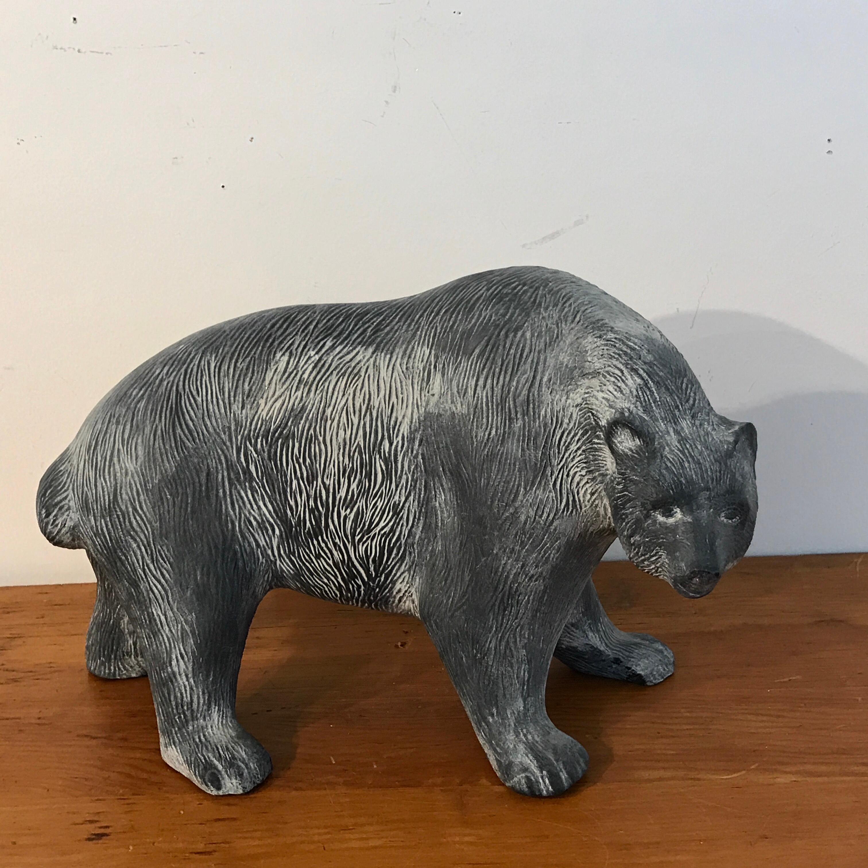 Large midcentury pottery bear, Attributed to Tony Evans, Well modeled strutting bear. Unmarked.