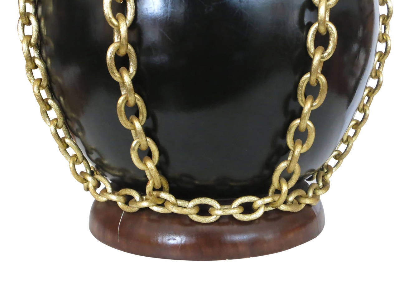 Ceramic Large Midcentury Pottery Gold Tone Chain Lamps with Shade