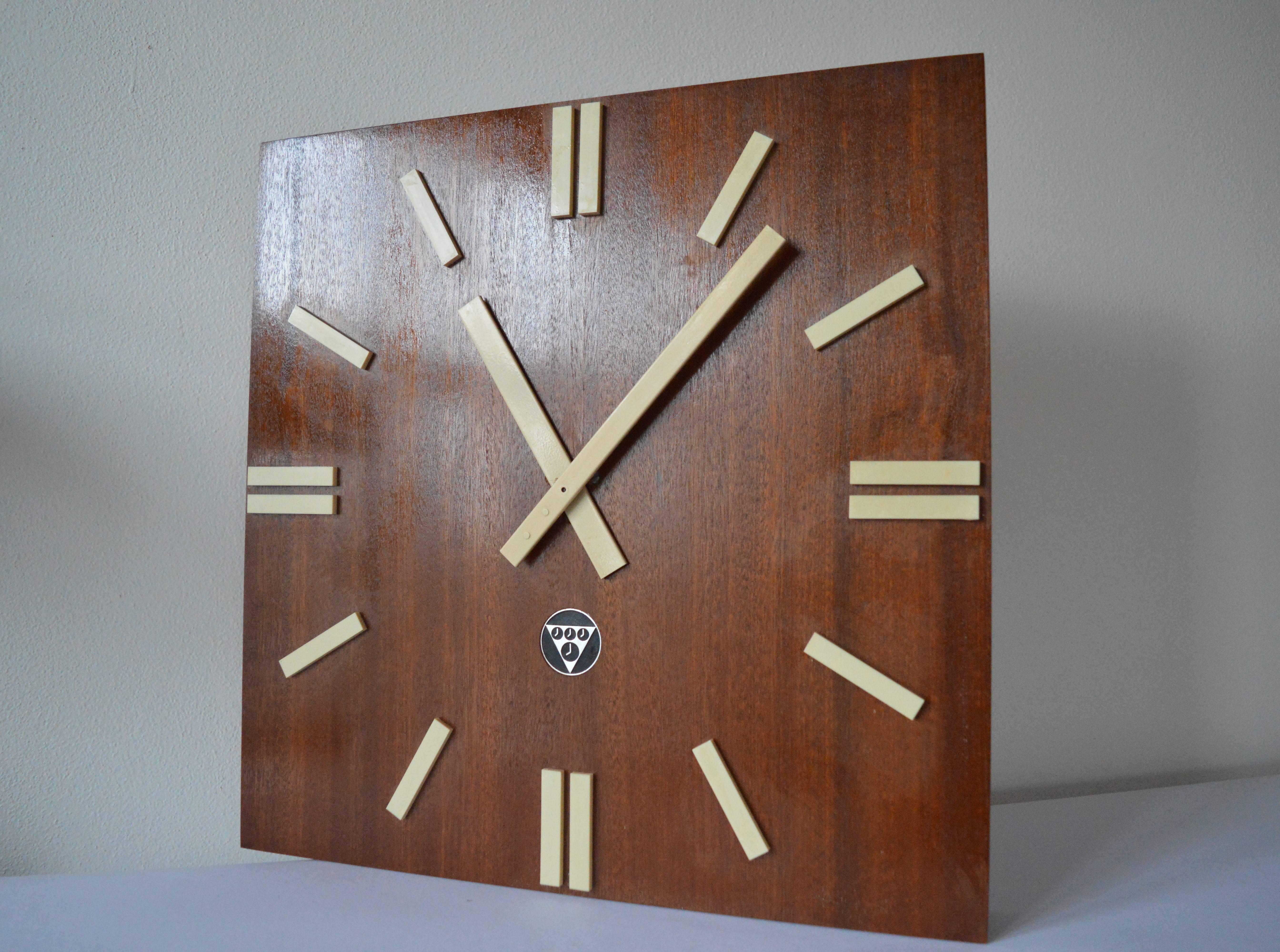 Czech Large Midcentury Pragotron Industrial Wooden Wall Clock Type PPH 410, 1980s