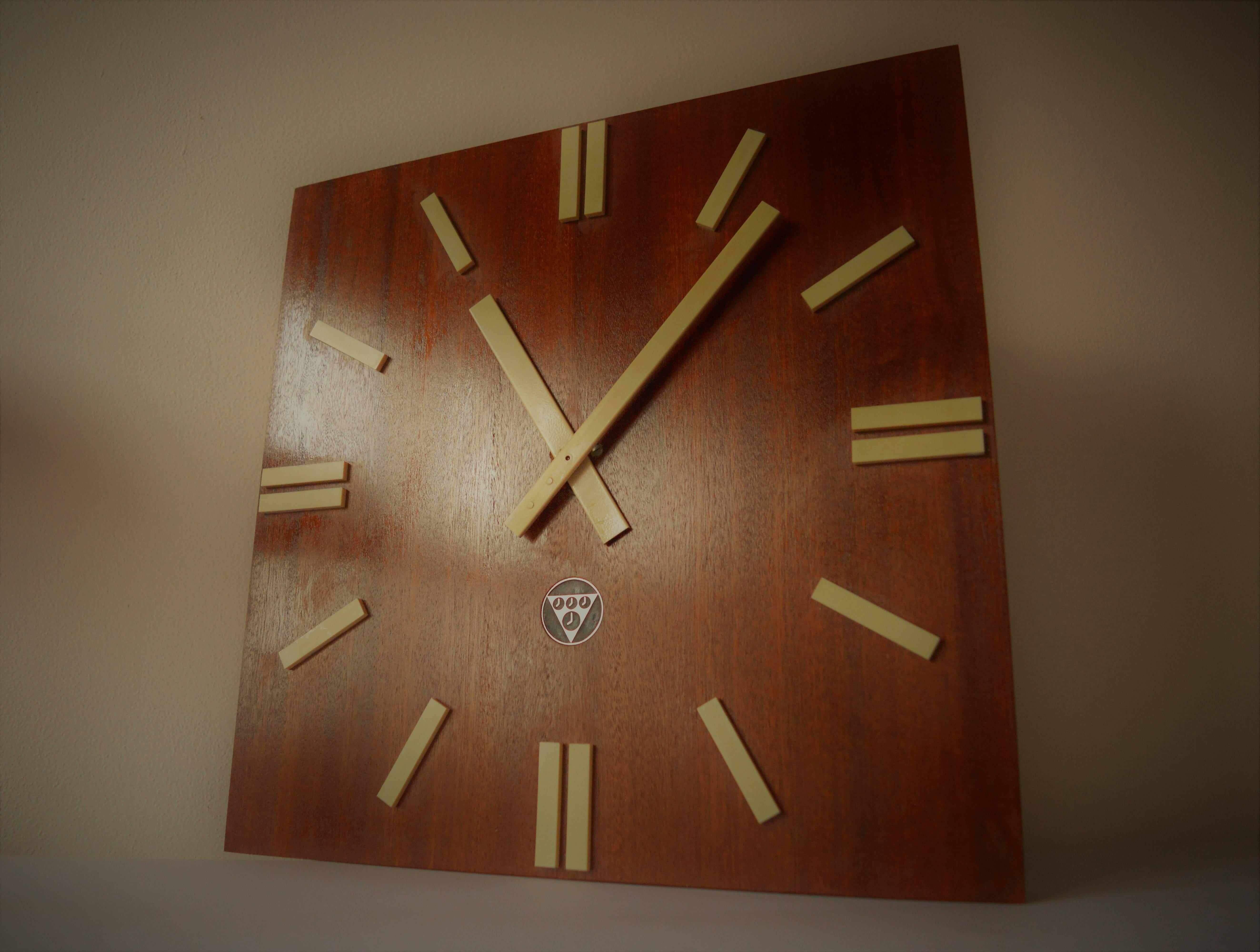 Veneer Large Midcentury Pragotron Industrial Wooden Wall Clock Type PPH 410, 1980s