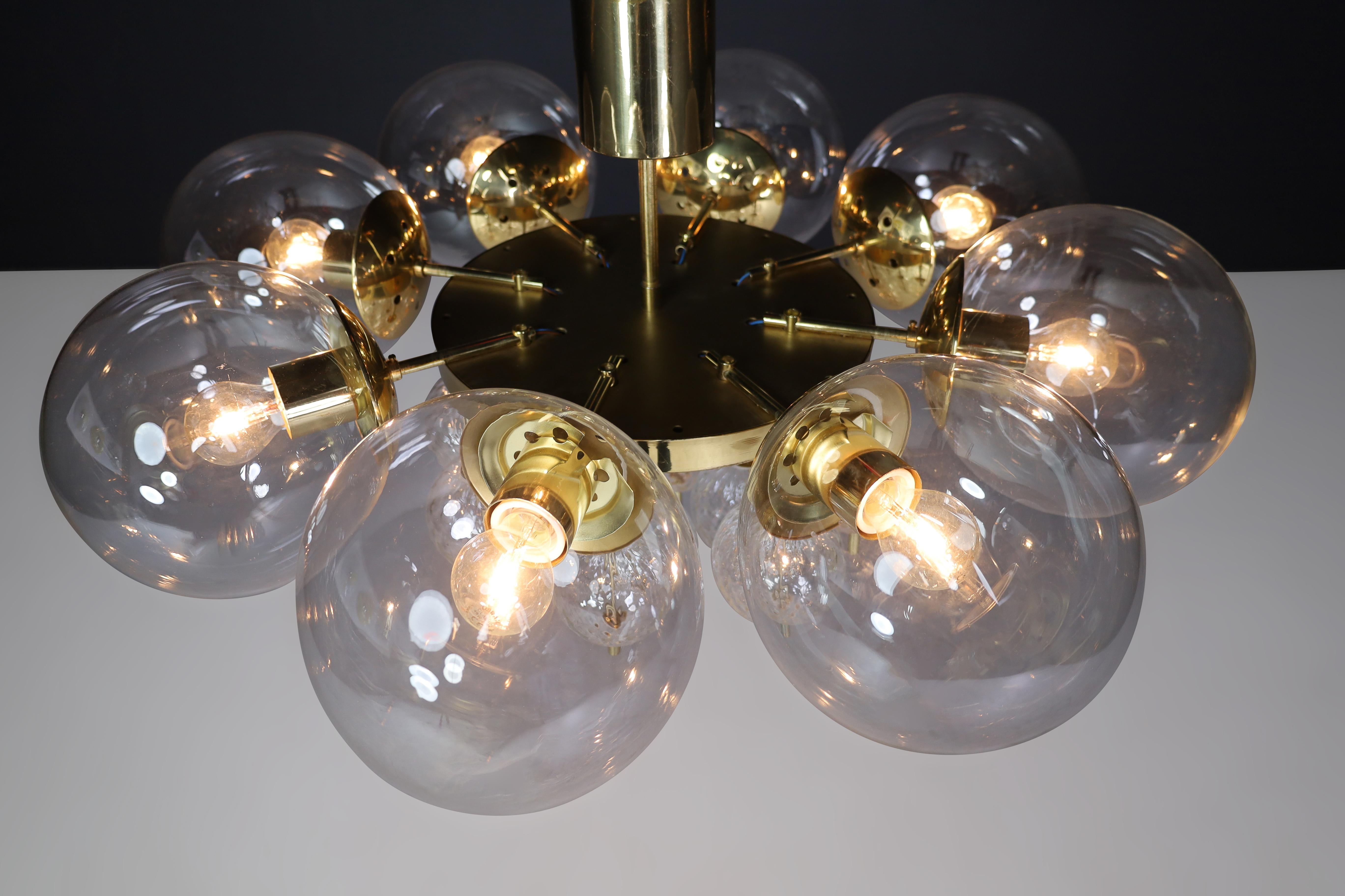 Large Mid-Century Preciosa Chandelier Brass and Glass Globes Czechia 1960s For Sale 5