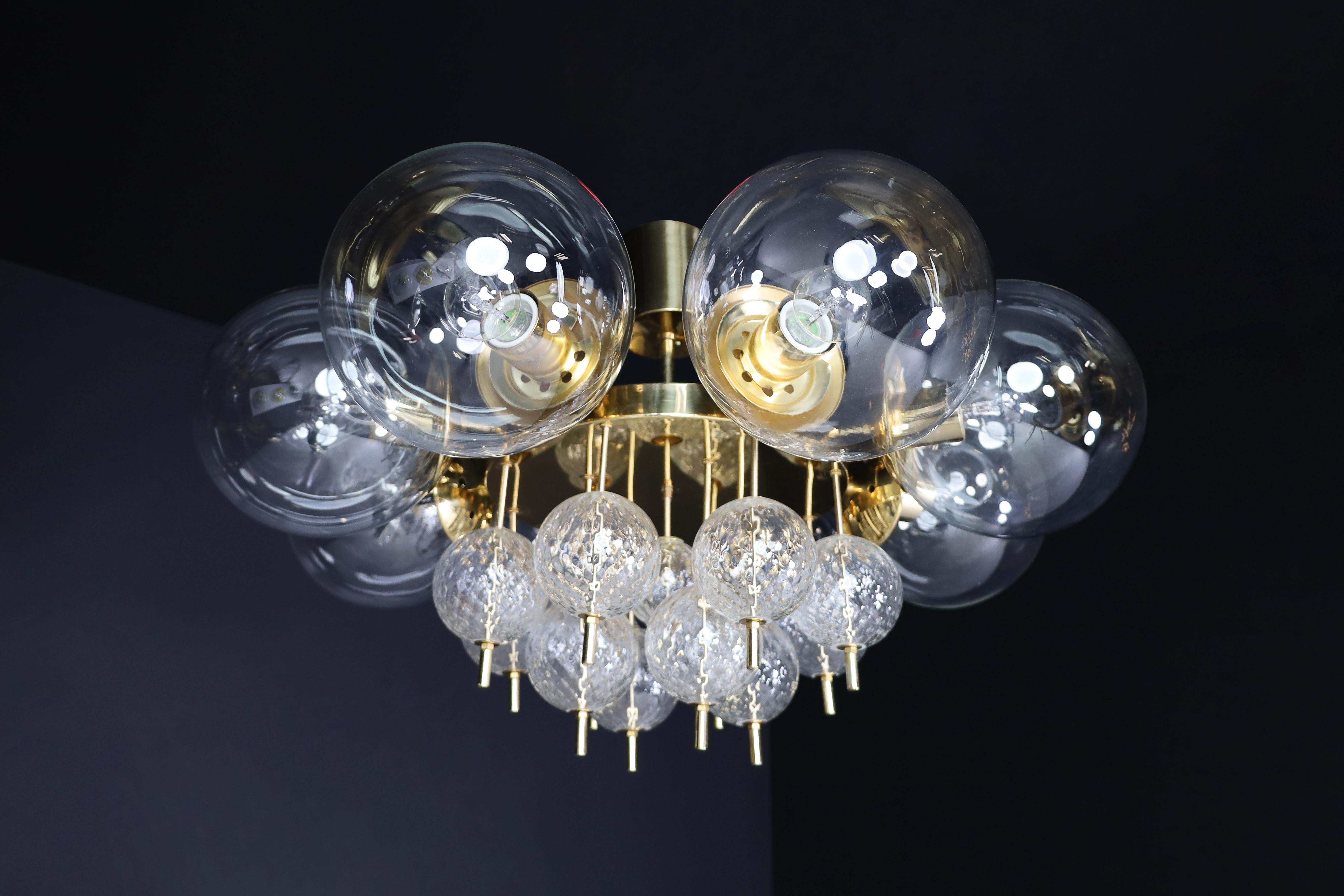 Mid-Century Modern Large Mid-Century Preciosa Chandelier Brass and Glass Globes Czechia 1960s For Sale