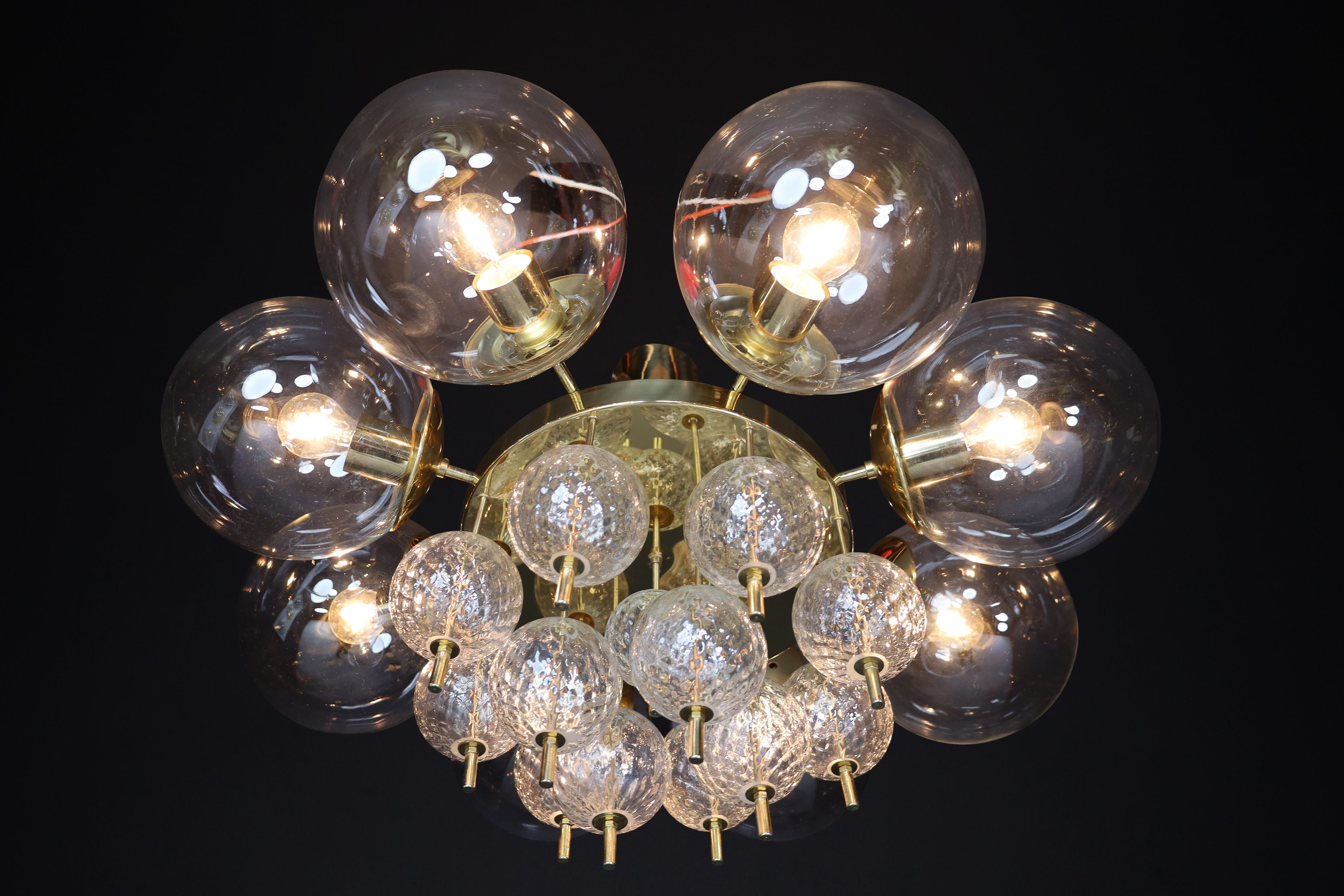 Mid-20th Century Large Mid-Century Preciosa Chandelier Brass and Glass Globes Czechia 1960s For Sale