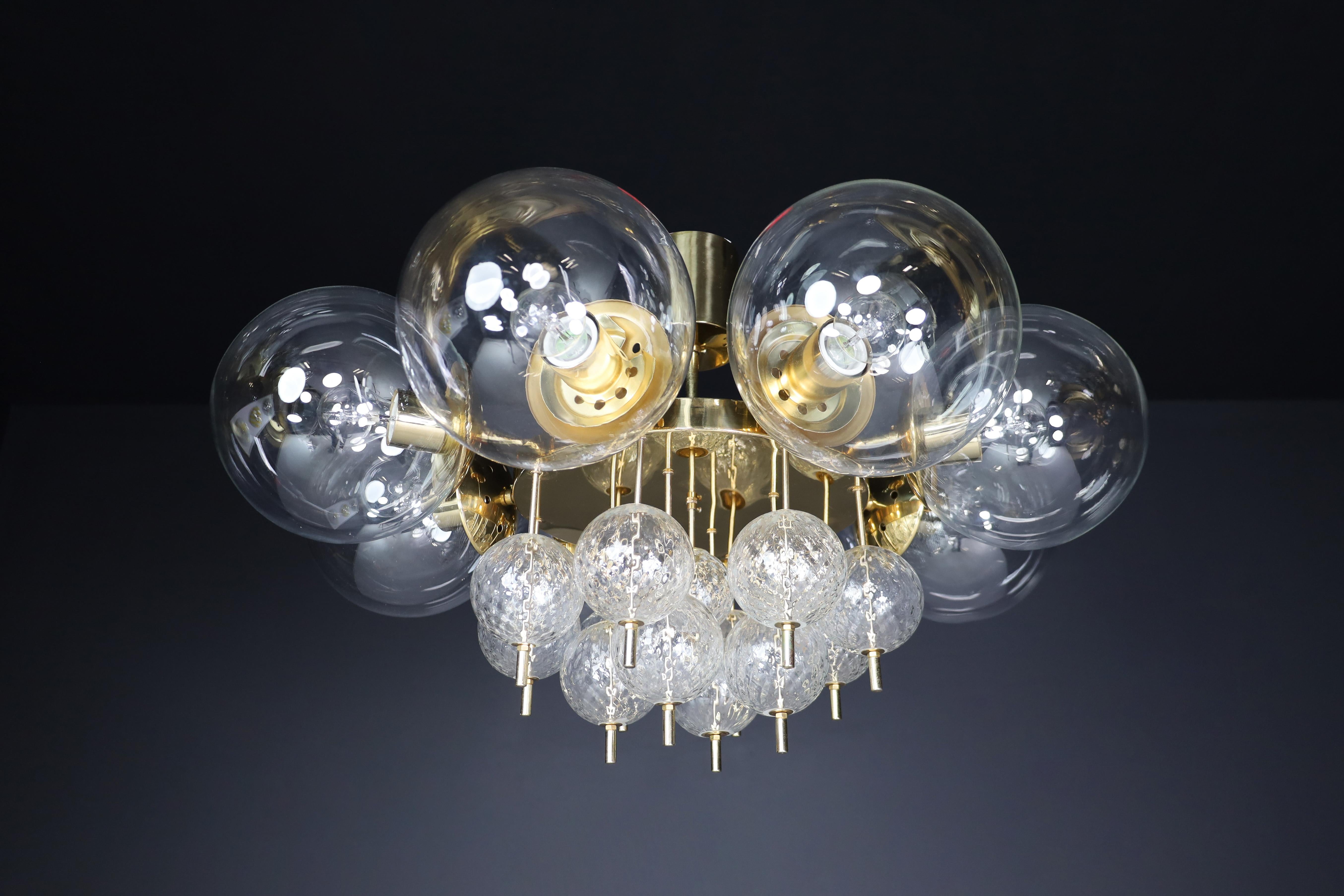 Large Mid-Century Preciosa Chandelier Brass and Glass Globes Czechia 1960s For Sale 1