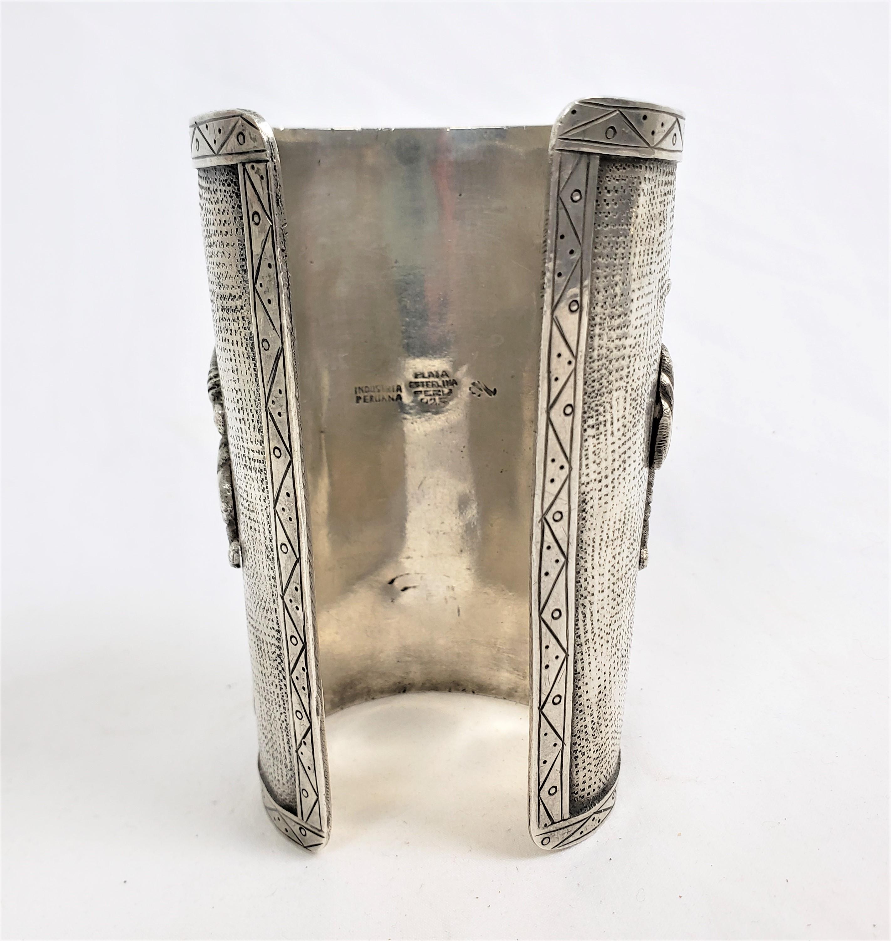 Native American Large Mid-Century Puruvian Inca Styled Sterling Silver Bracelet or Wrist Band For Sale