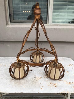 Large Mid-Century Rattan Chandelier Louis Sognot