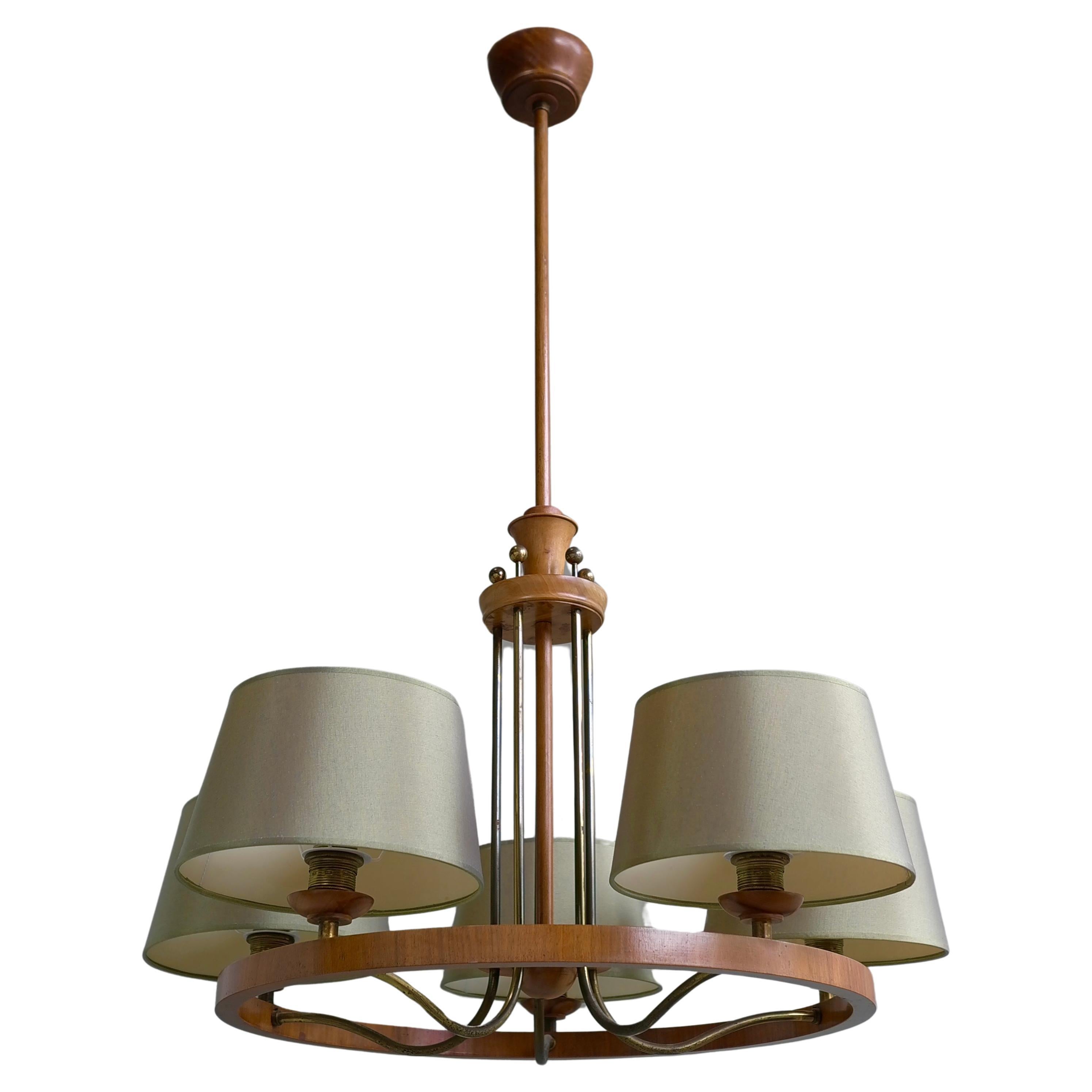 Large Mid-Century Ring Chandelier in Brass and Walnut with Five green Shades.
