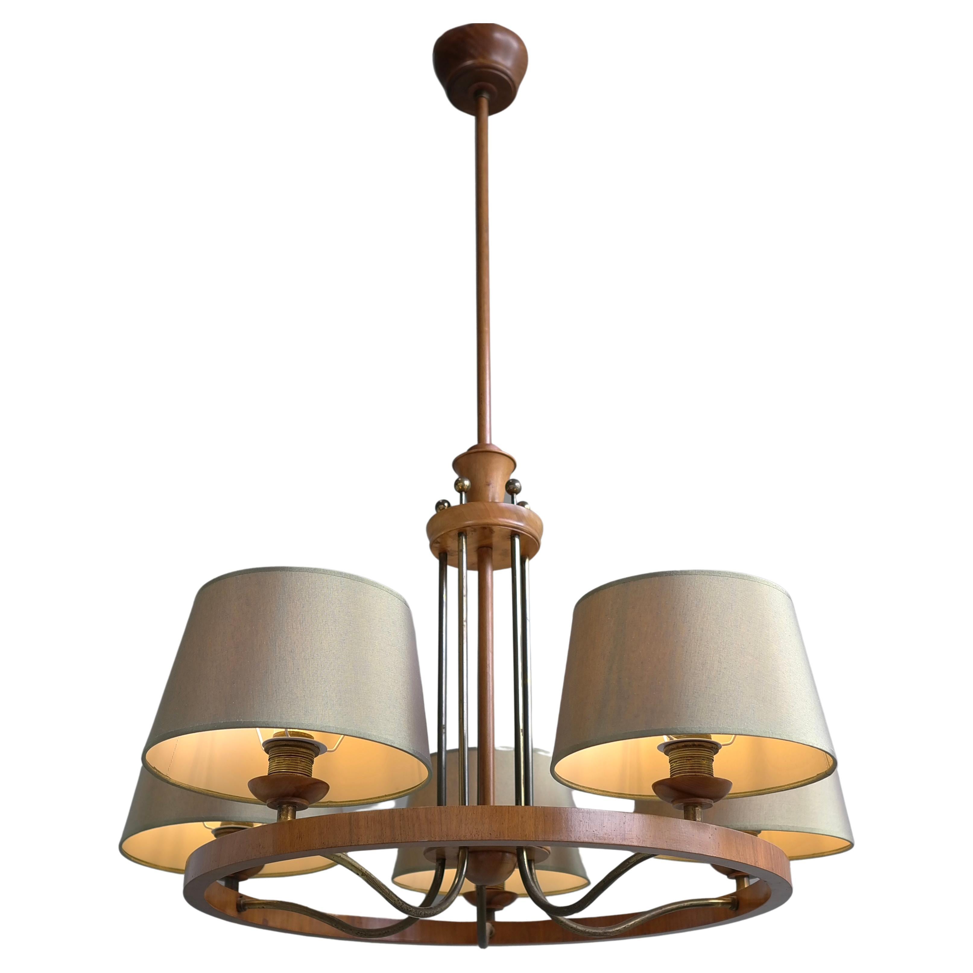 Large Mid-Century Ring Chandelier in Brass and Walnut with Five Green Shades. For Sale