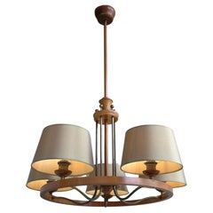 Large Mid-Century Ring Chandelier in Brass and Walnut with Five Green Shades.